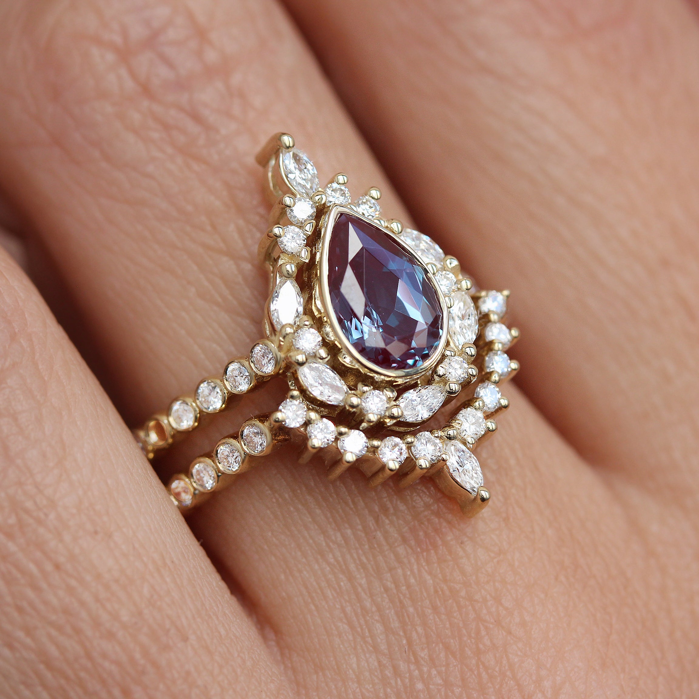 Pear Alexandrite Unique Engagement Ring Set, bezel band Eva Jess