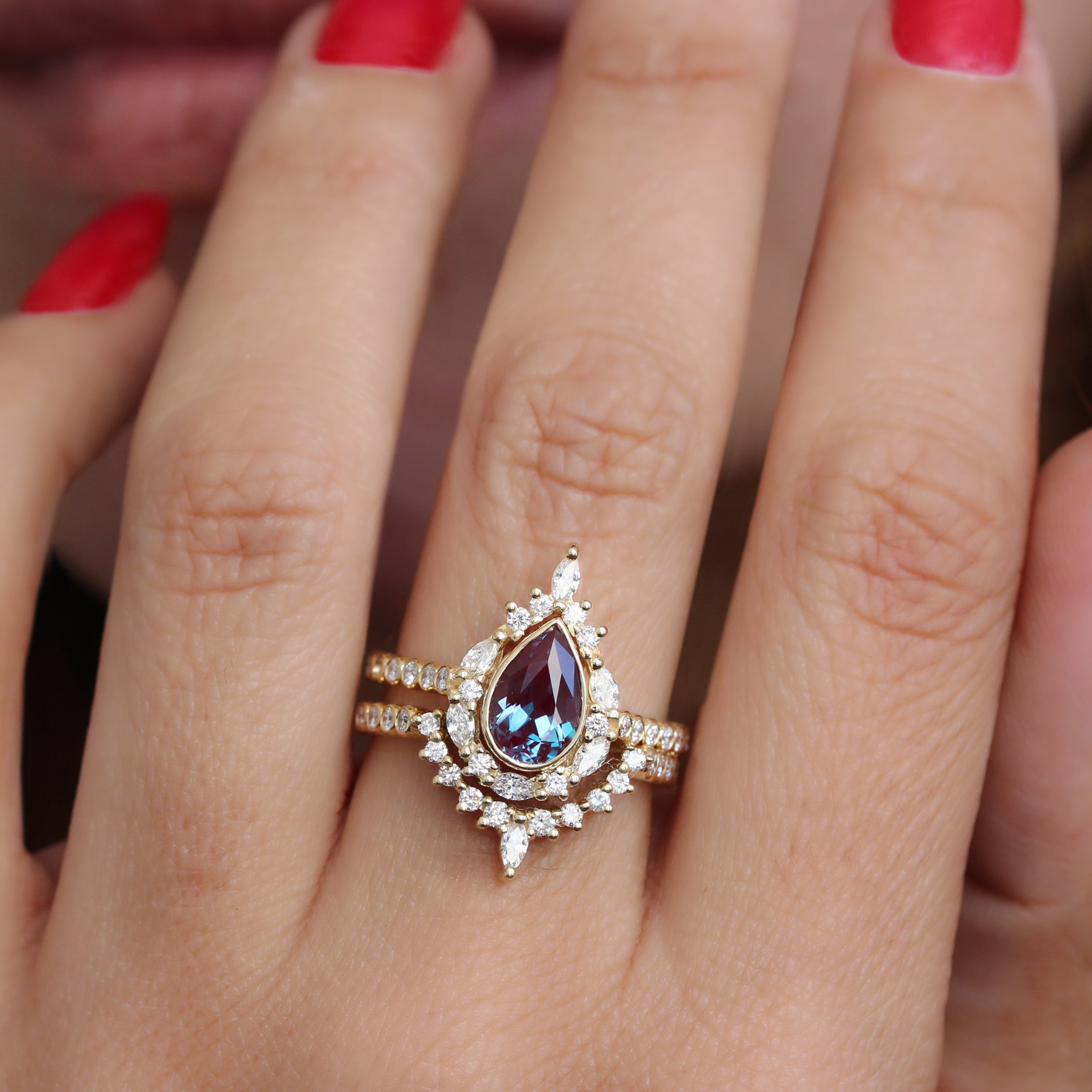Pear Alexandrite Unique Engagement Ring Set, bezel band Eva Jess