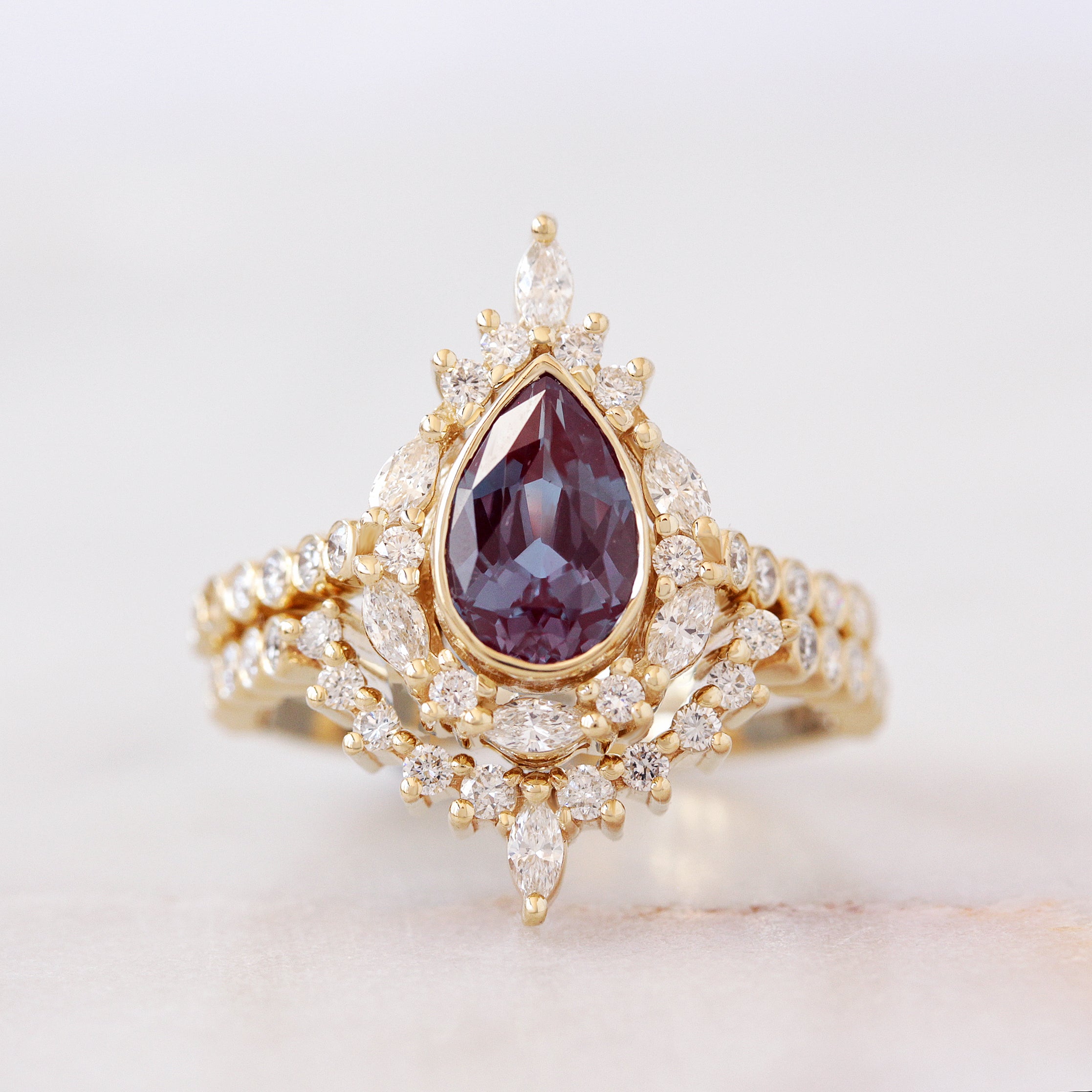 Pear Alexandrite Unique Engagement Ring Set, bezel band Eva Jess