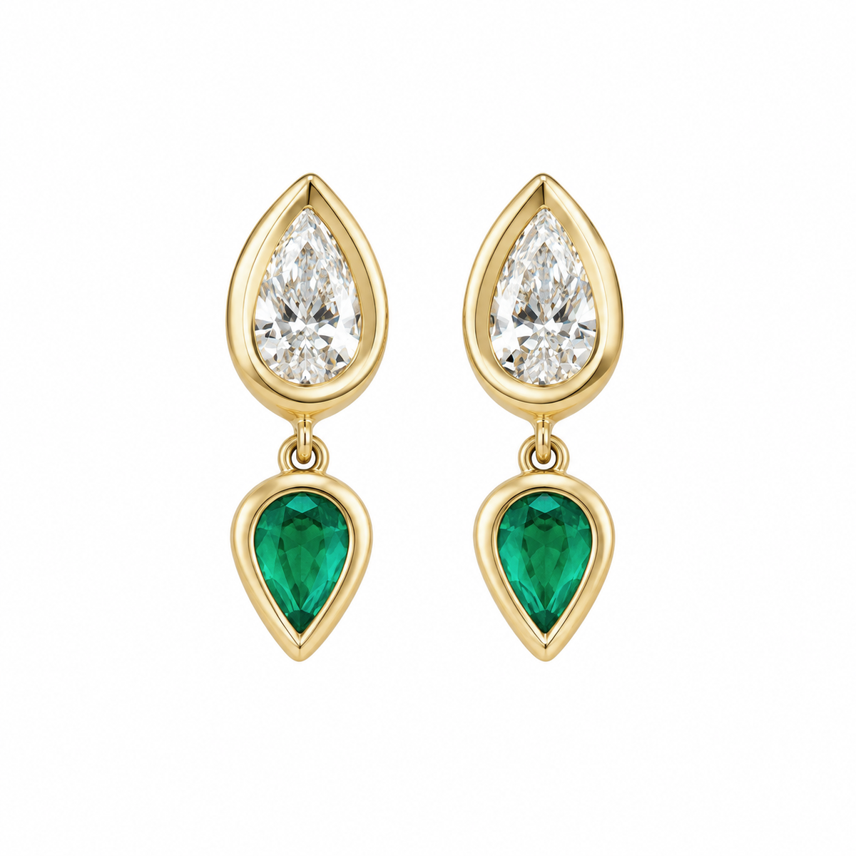 Pear Diamond and Emerald Bezel Set Short Drop Earrings