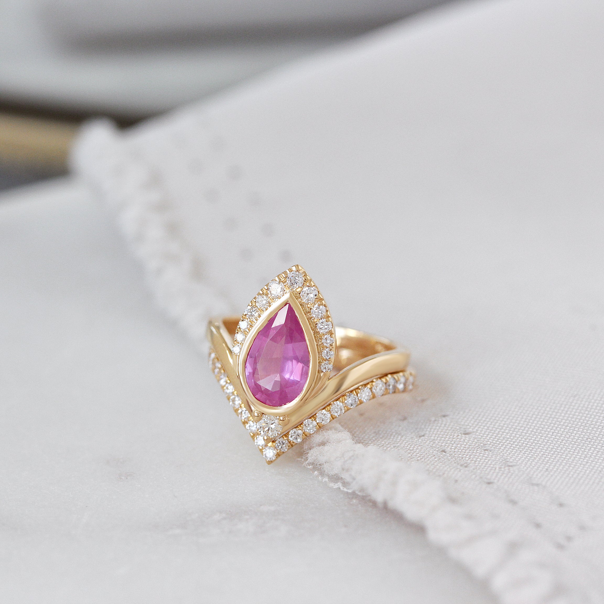 Pink Sapphire Pear Shape and Diamonds Halo Unique Engagement Ring Set - Atyasha