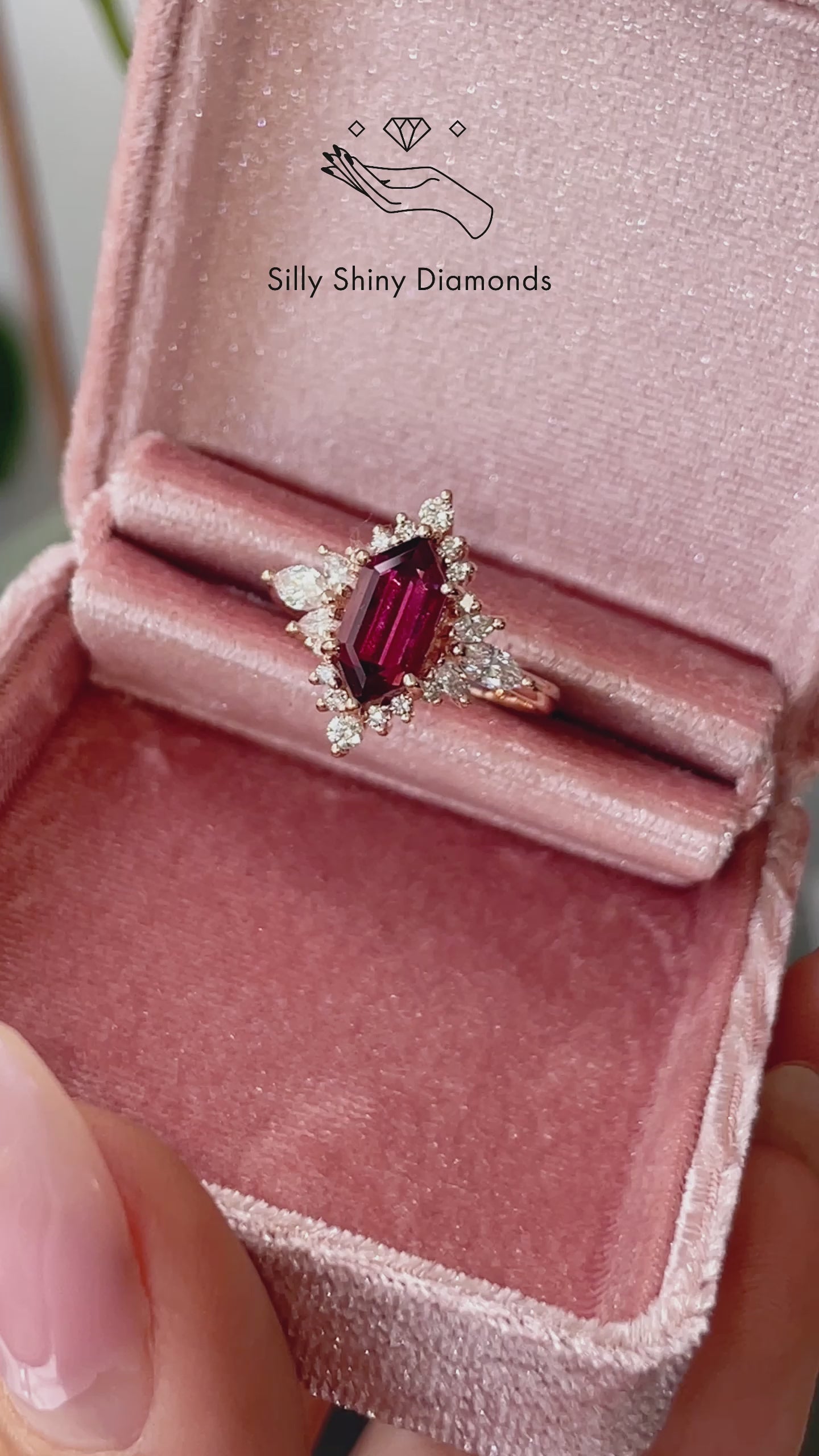 Elongated Hexagon Rhodolite and diamond halo Gemstone Engagement Ring Nora
