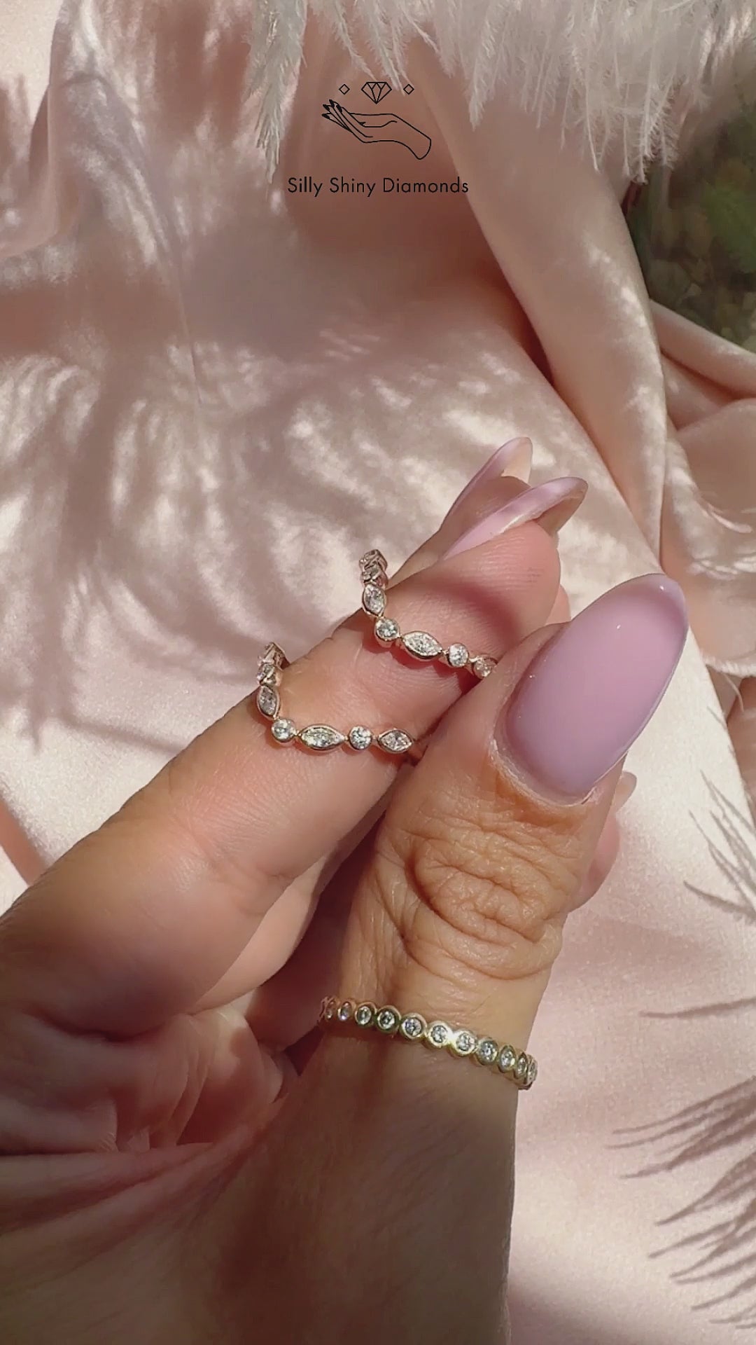 Bezel Setting Chevron Nesting V Ring, Unique Wedding Ring, 14K Rose Gold, Lily Emma Sideband