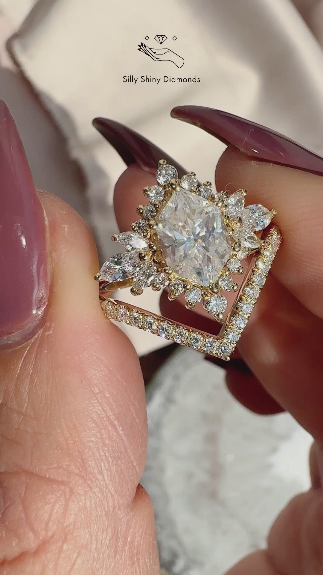Elongated Hexagon Moissanite and Diamonds Celestial Star Engagement Ring Nora