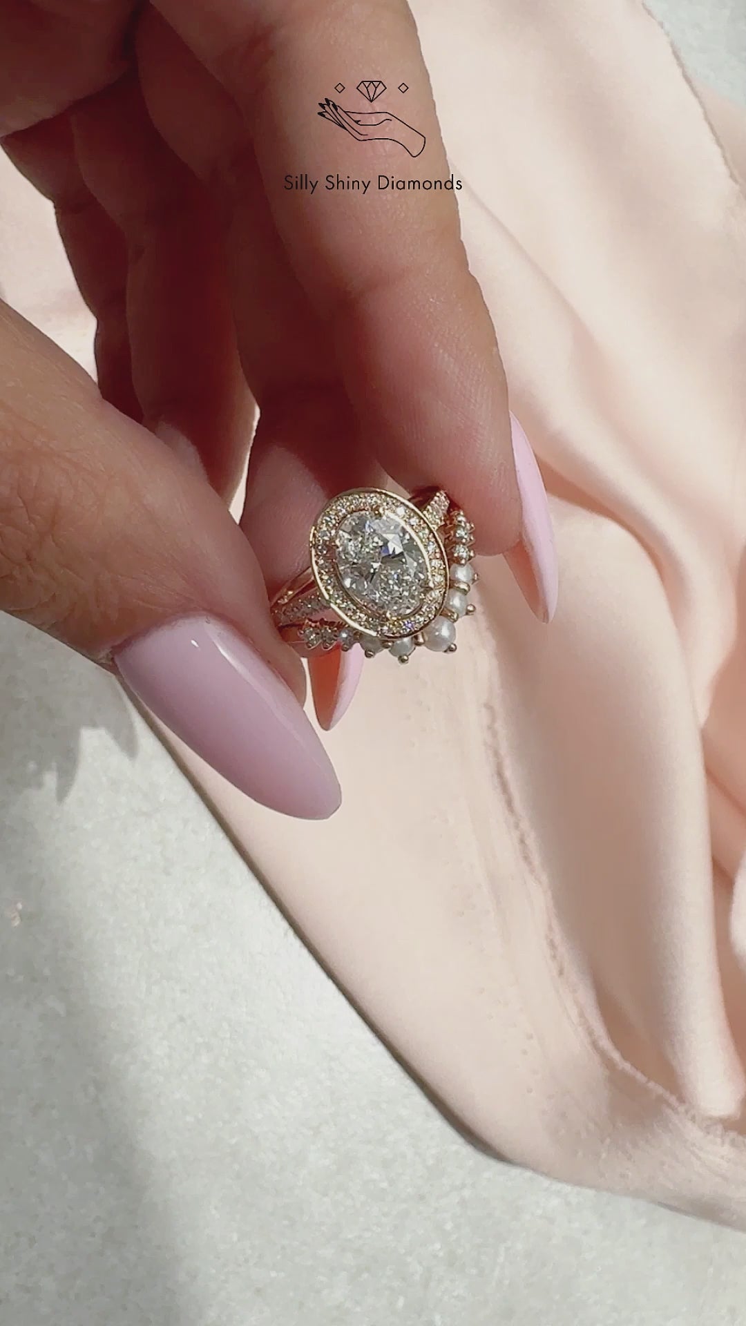 Oval Diamond Halo Engagement Ring with Matching Pearls and Diamonds Curved Nesting Ring, Engagement Ring Set