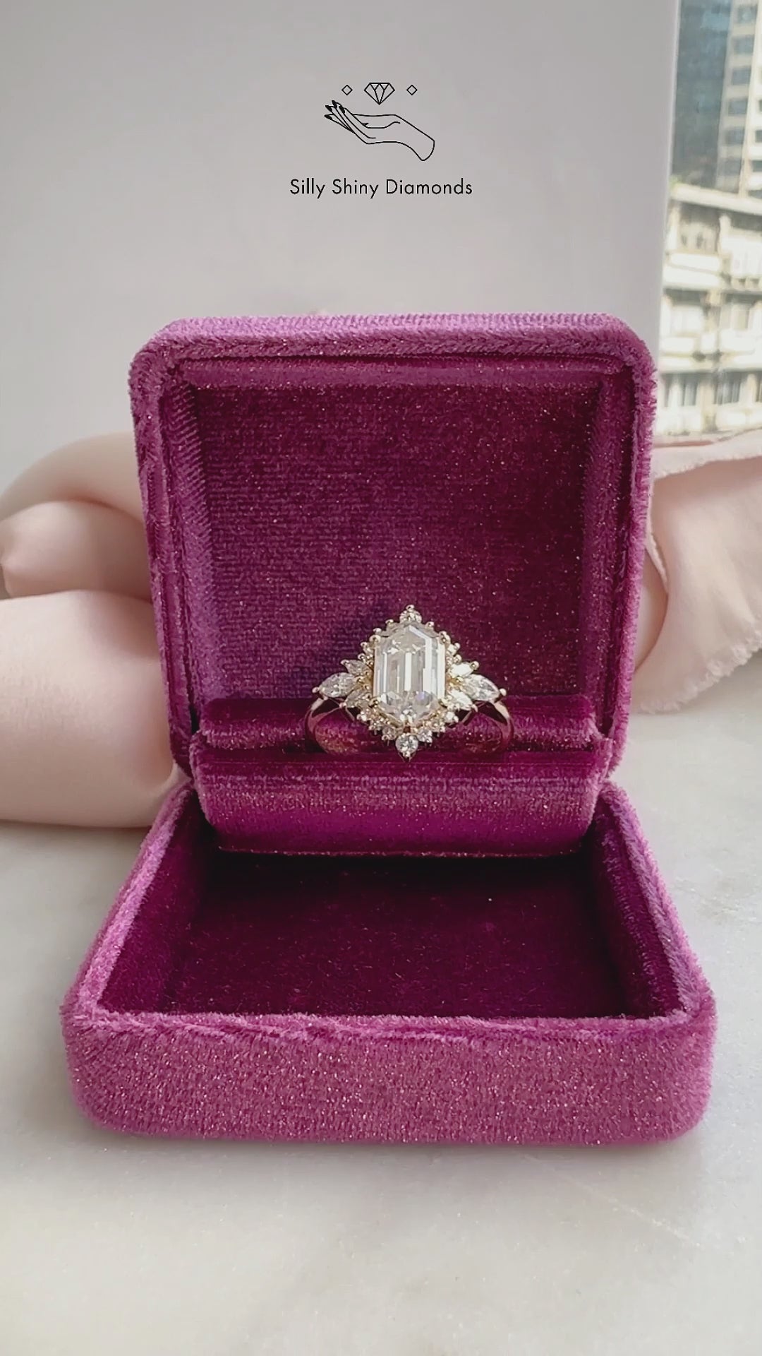 3 Carat Elongated Hexagon Moissanite and Diamonds Celestial Star Engagement Ring Nora