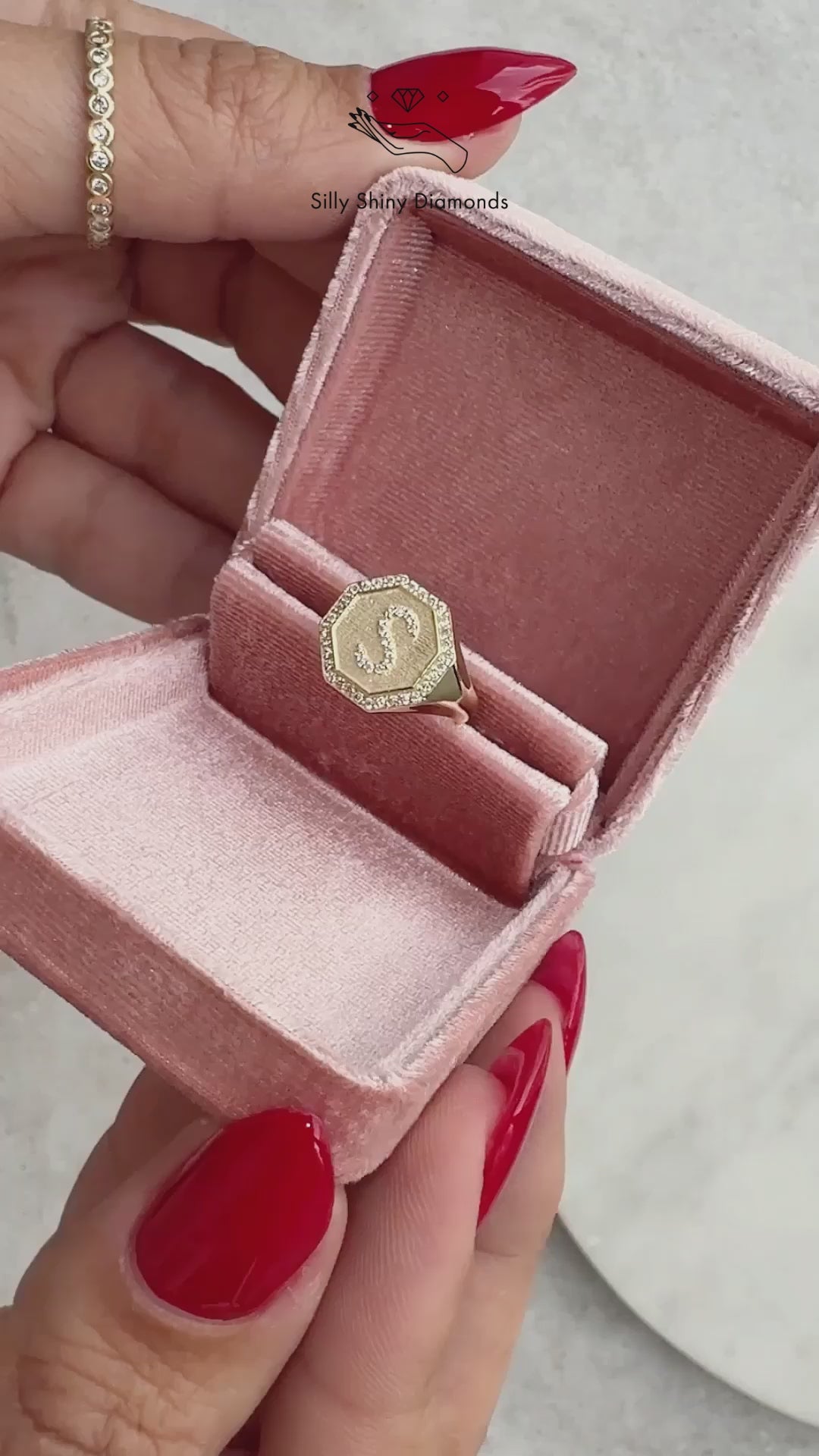 Octagon Signet Diamond Initial Ring - Personalized Gold Name Ring