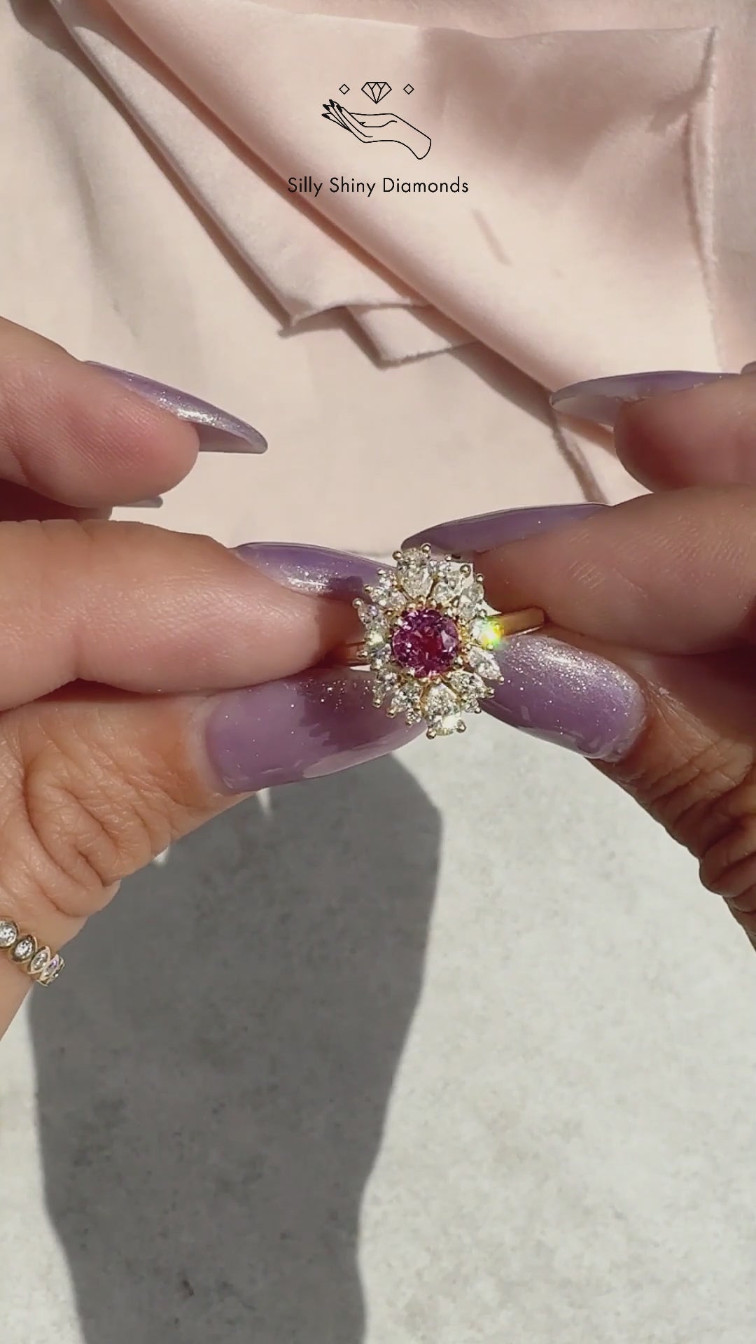 Pink sapphire unique diamond cluster halo engagement ring, Odisea