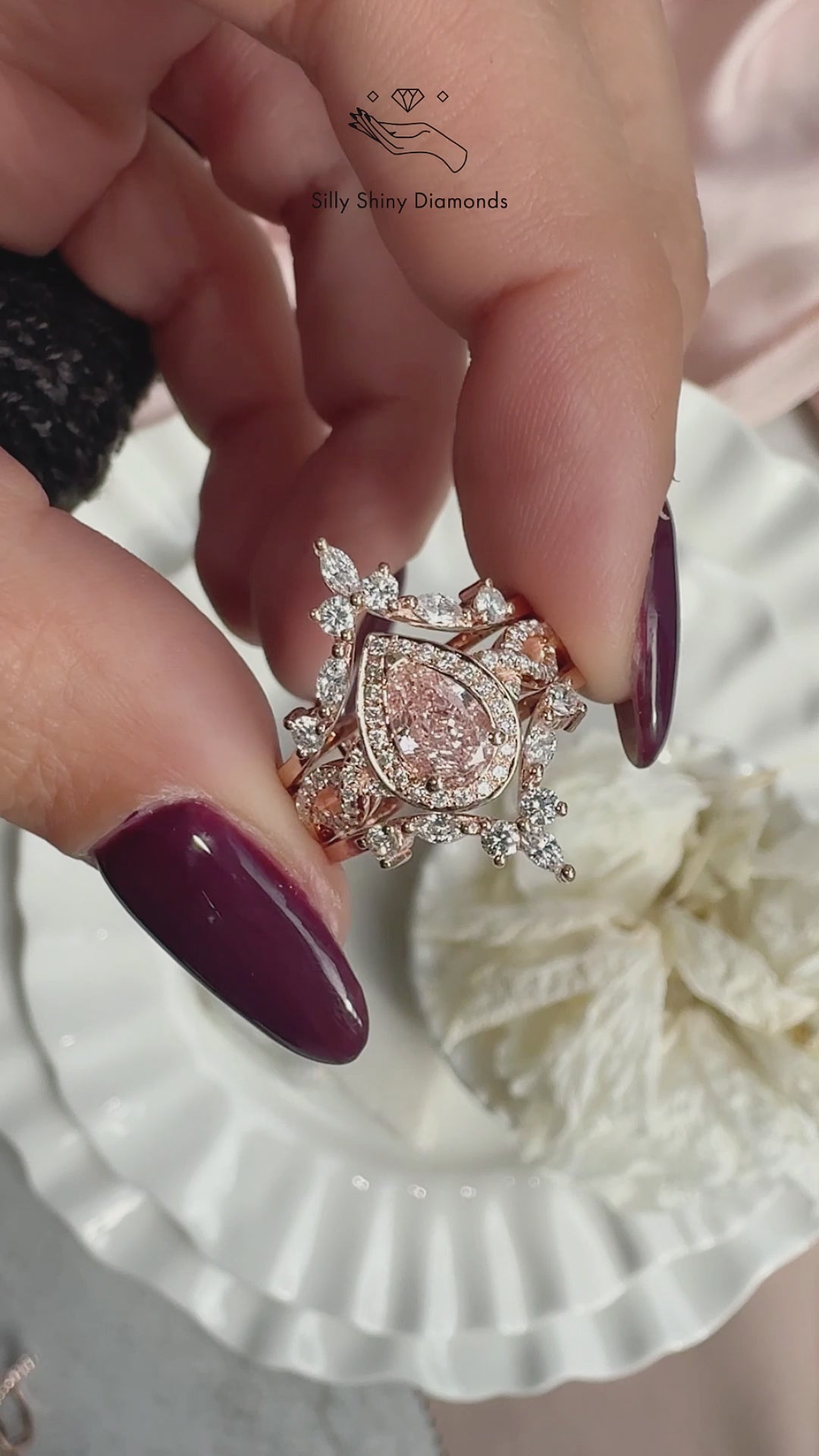 Pink Pear Lab Diamond Halo Twist Shank Engagement Ring & "Hermès" Ring Guard