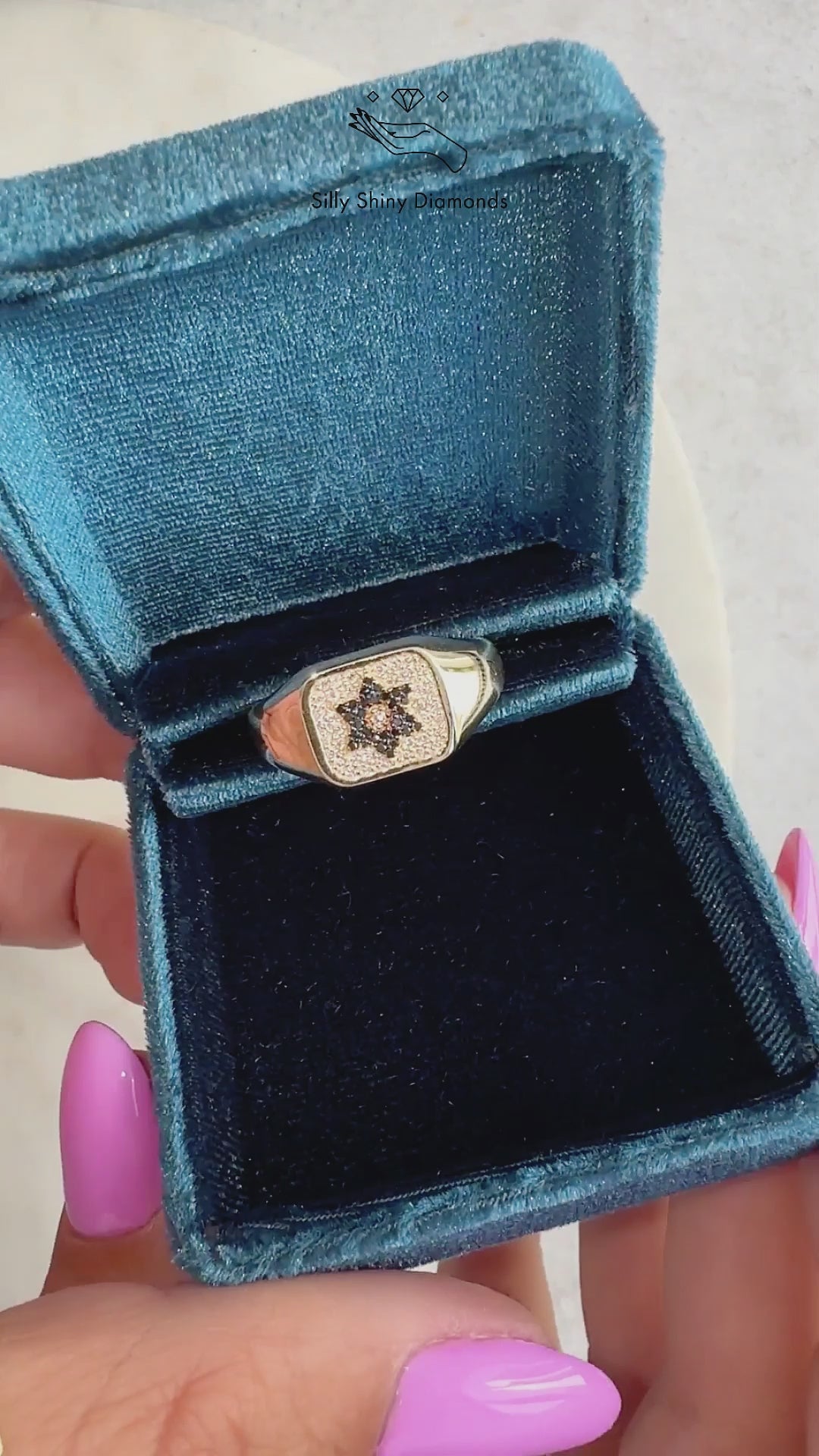 Magen David White and Black Diamonds Unisex Signet Ring - Unisex College Ring