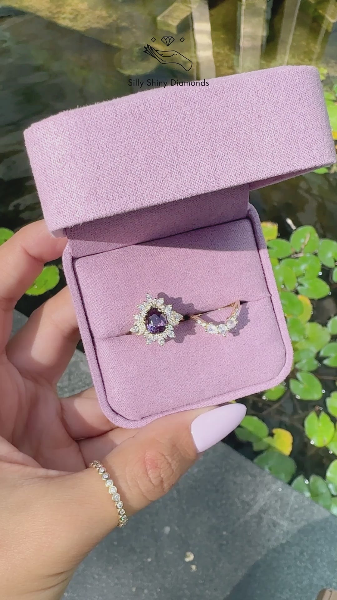 2ct Pear Shape Purple Sapphire Unique Diamond Halo Celestial Moon Engagement Ring, celestial engagement ring, purple sapphire, unique dimaond halo, pear diamond
