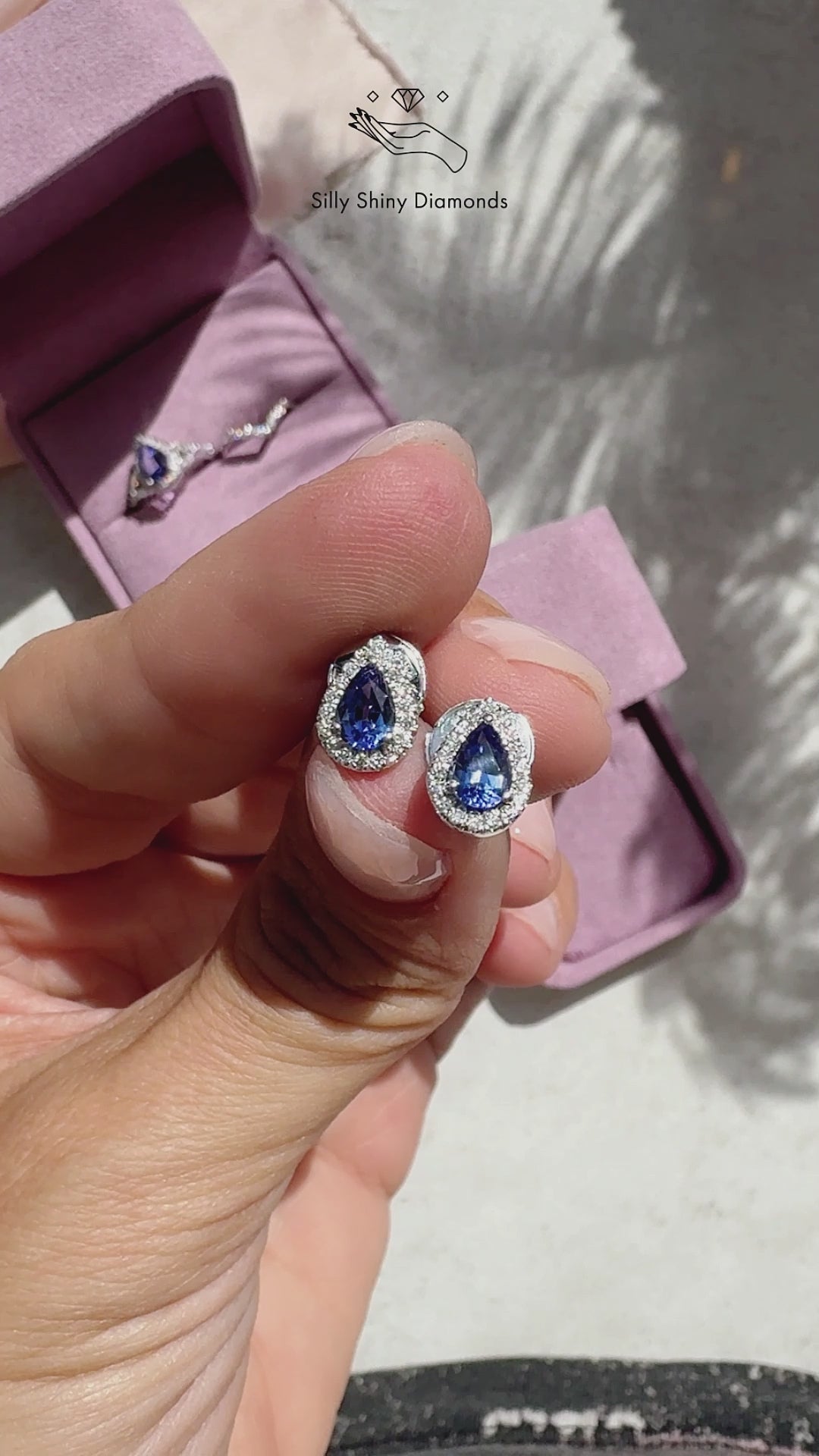 Pear Tanzanite Diamond Halo Stud Earrings, pear shape tanzanite, diamond halo, stud earrings, gemstone stud earrings, alpha backs