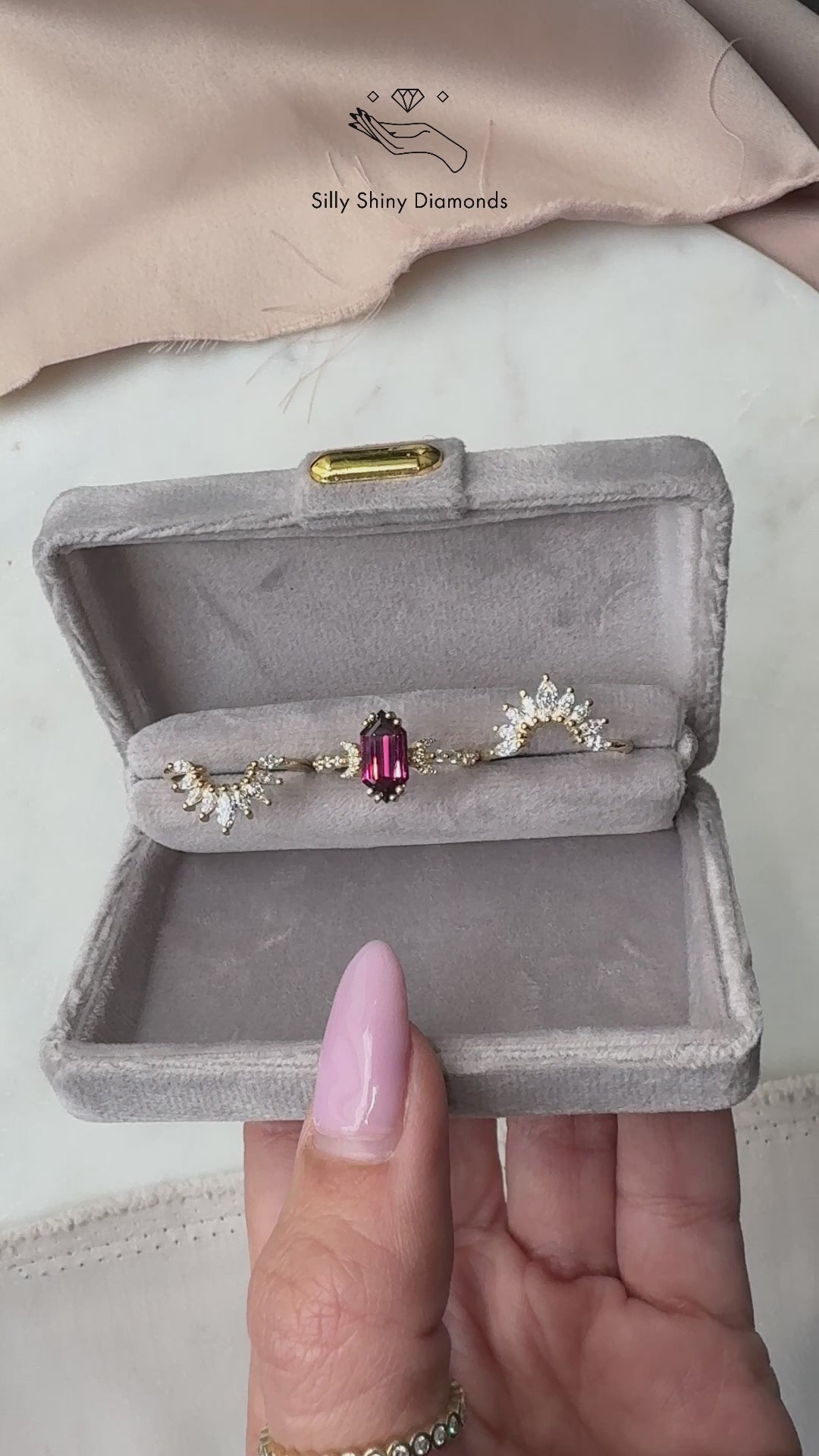 Long Hexagon Rhodolite and Sunburst Nesting Rings Diamonds Three Ring Set