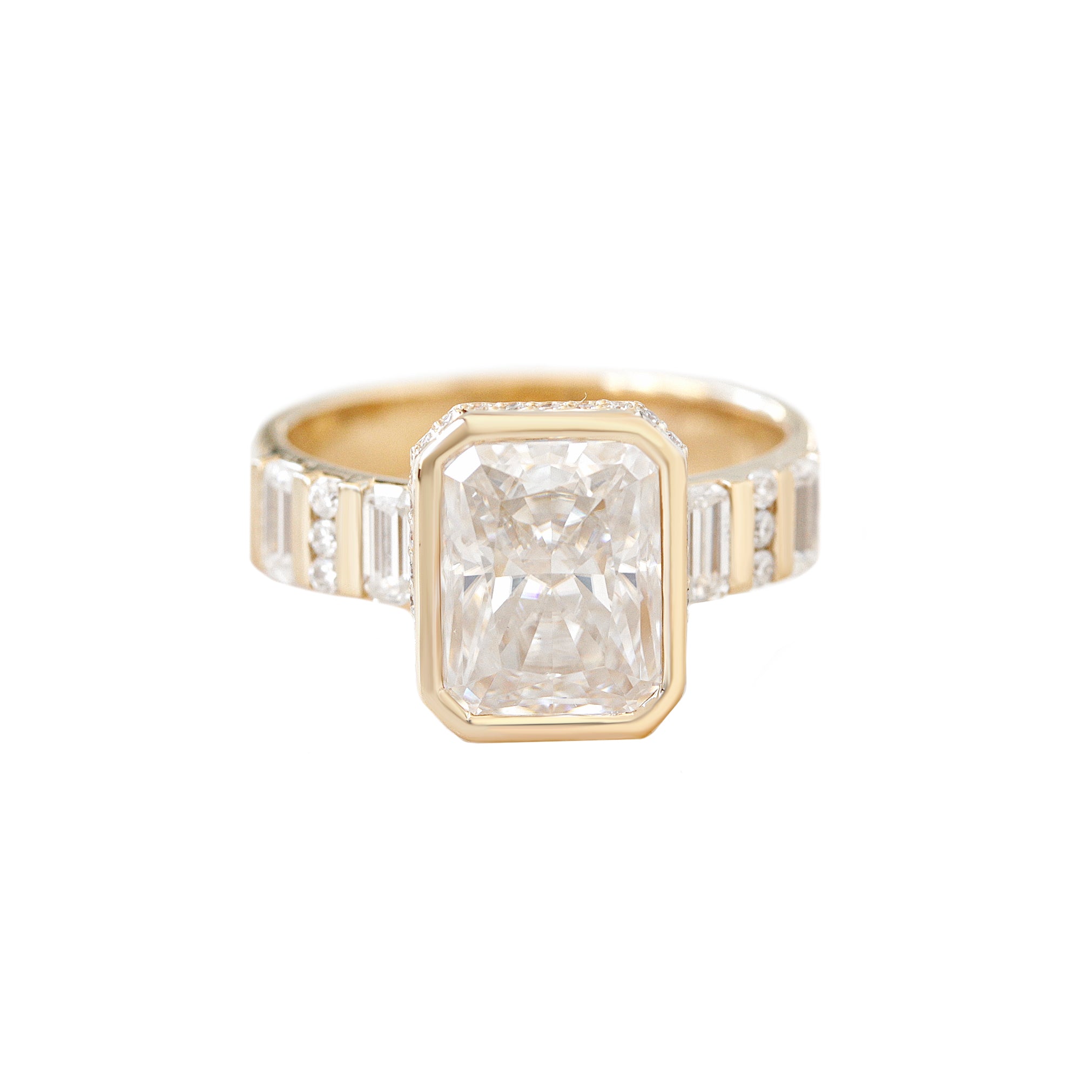 Bezel Set Radiant Moissanite, Hidden halo and Baguette moissanite band, Urban Engagement Ring
