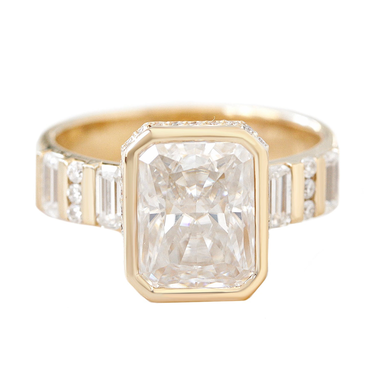 Bezel Set Radiant Moissanite, Hidden halo and Baguette moissanite band, Urban Engagement Ring
