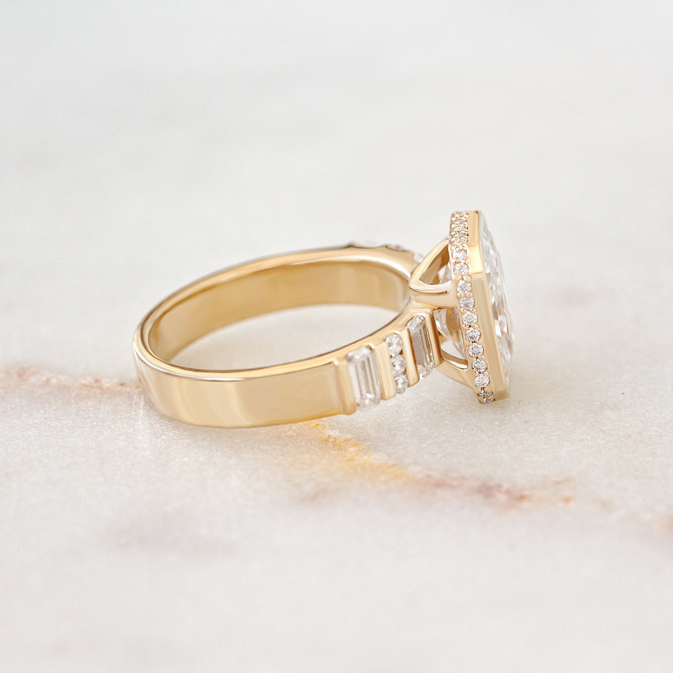 Bezel Set Radiant Moissanite, Hidden halo and Baguette moissanite band, Urban Engagement Ring