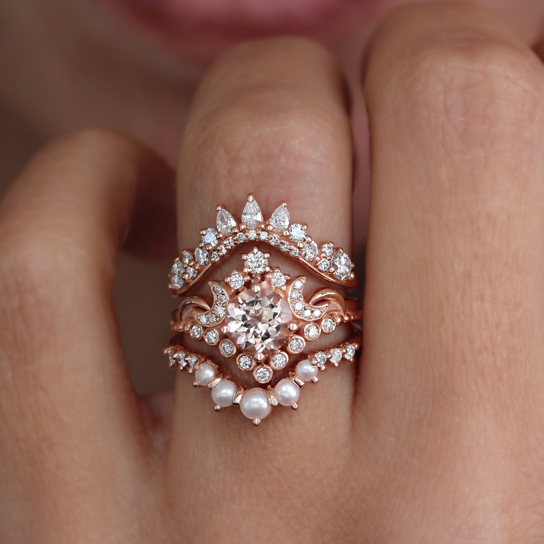 Round Morganite Moons and Stars Engagement Ring - Moonlight ♥