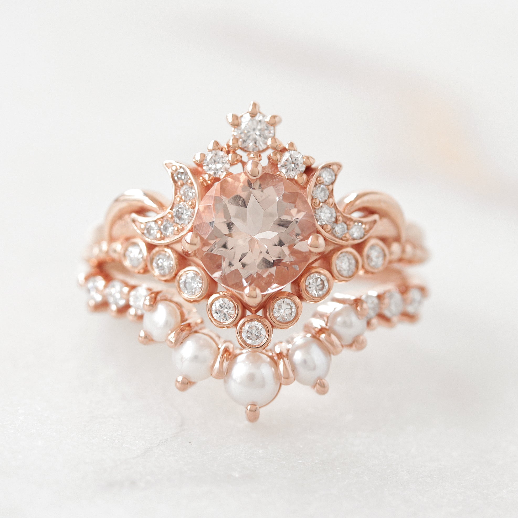 Round Morganite Moons and Stars Engagement Ring - Moonlight ♥