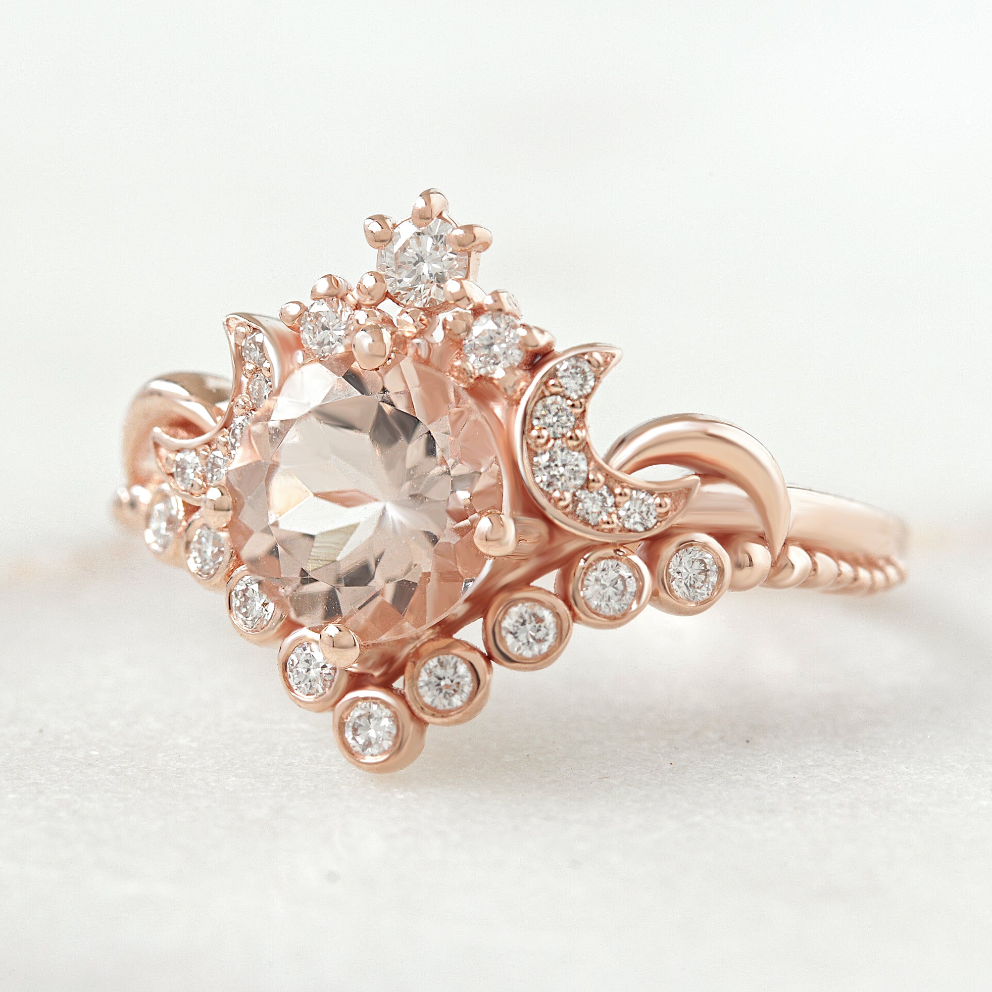 Round Morganite Moons and Stars Engagement Ring - Moonlight ♥