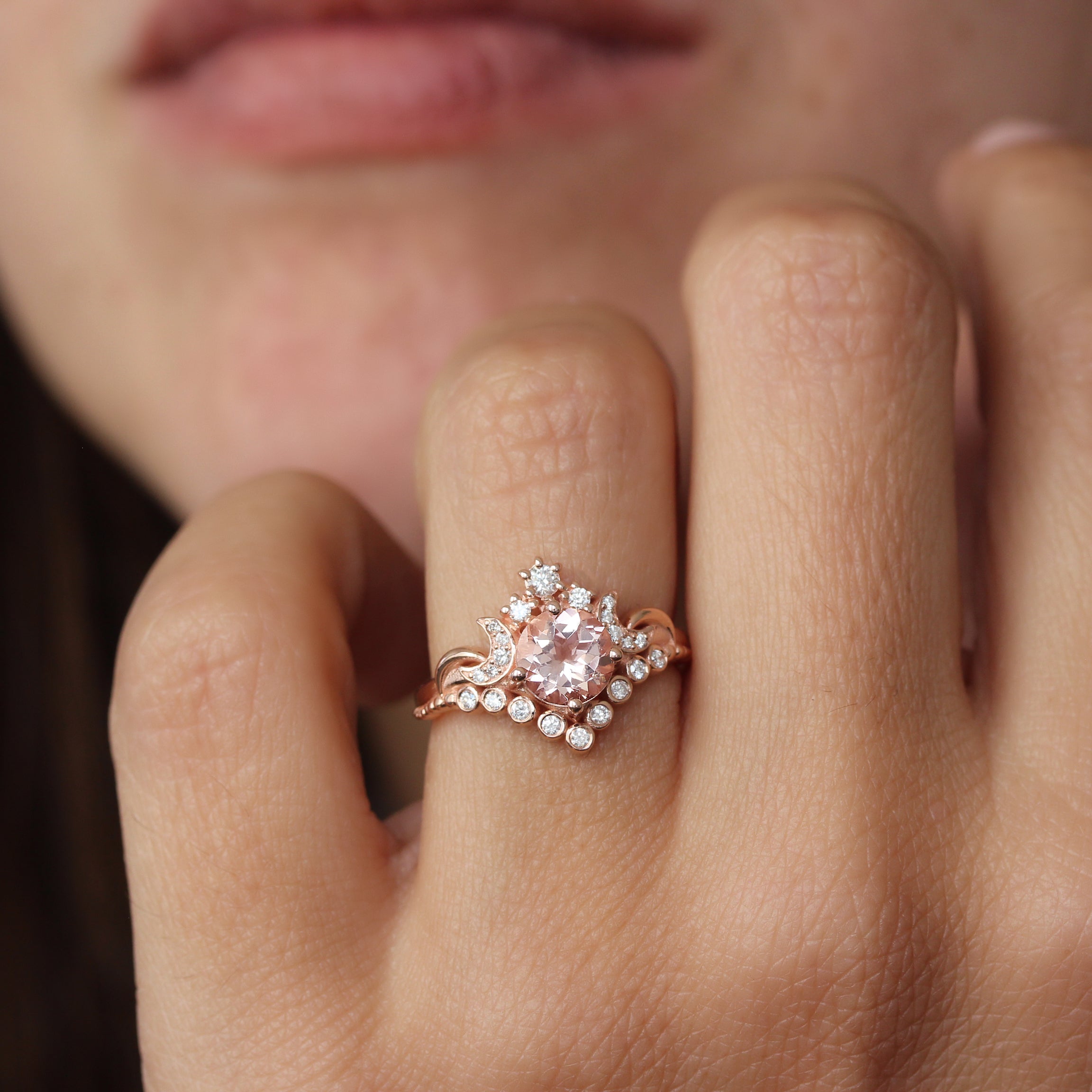 Round Morganite Moons and Stars Engagement Ring - Moonlight ♥