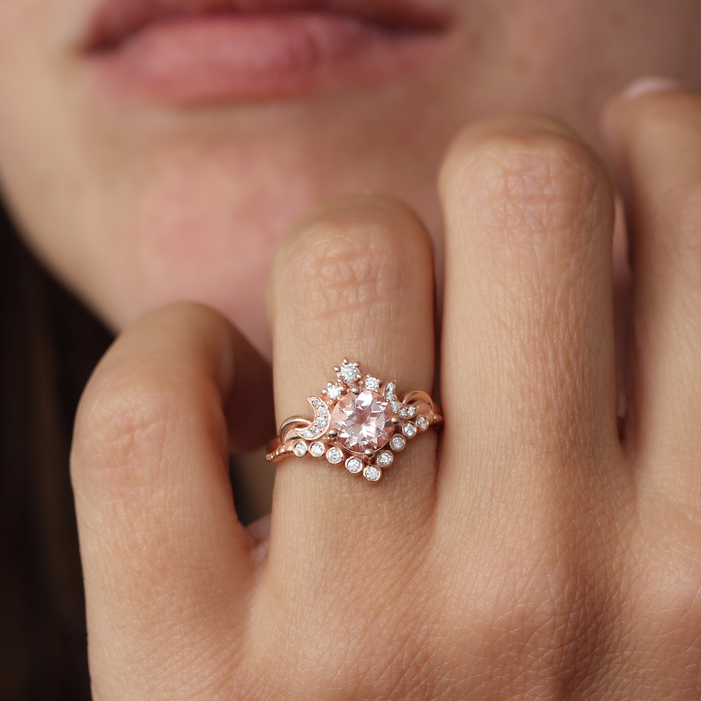 Round Morganite Moons and Stars Engagement Ring "Moonlight" ♥