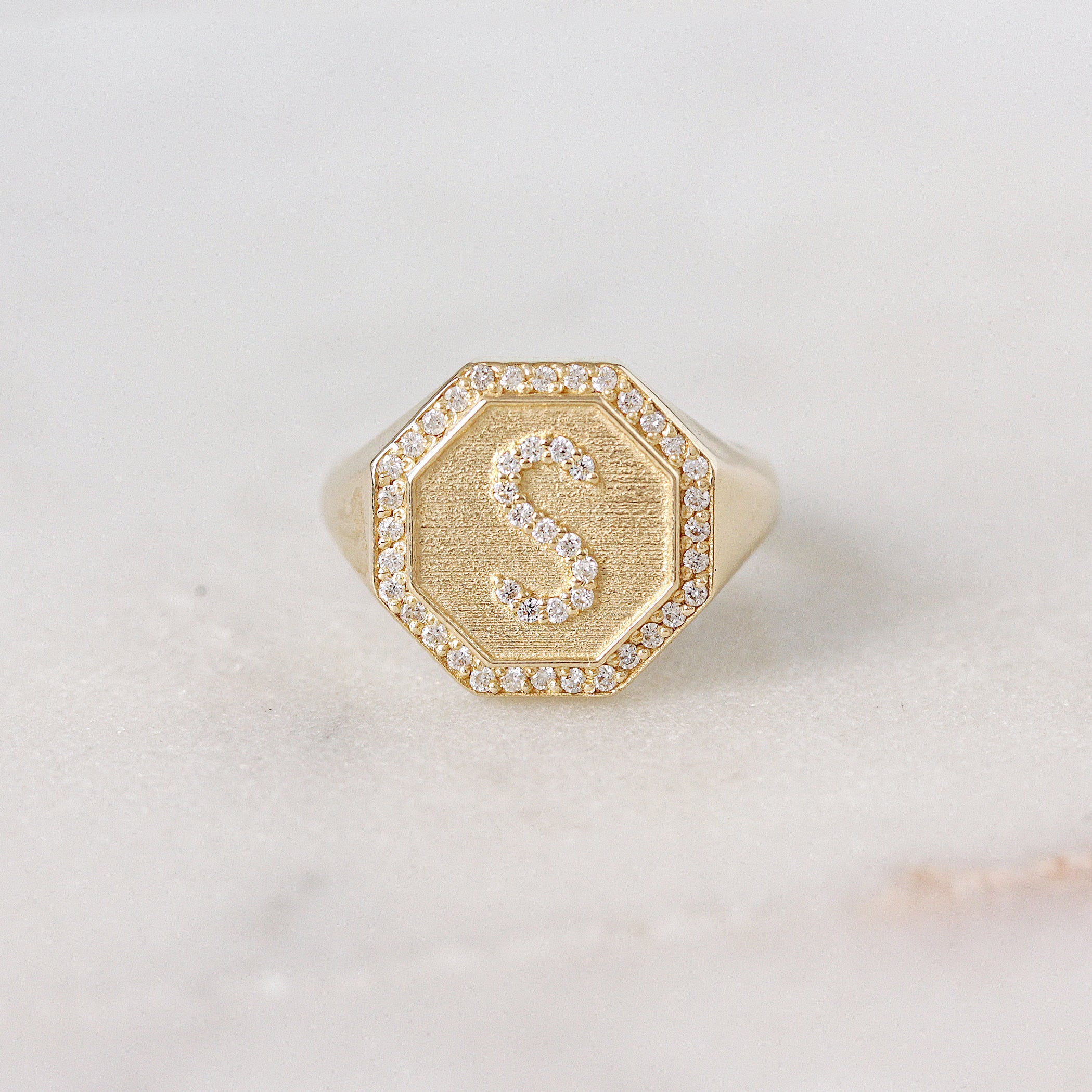 Initial Signet Ring - Octagon Signet Diamond Initial Ring - Personalized Gold Name Ring