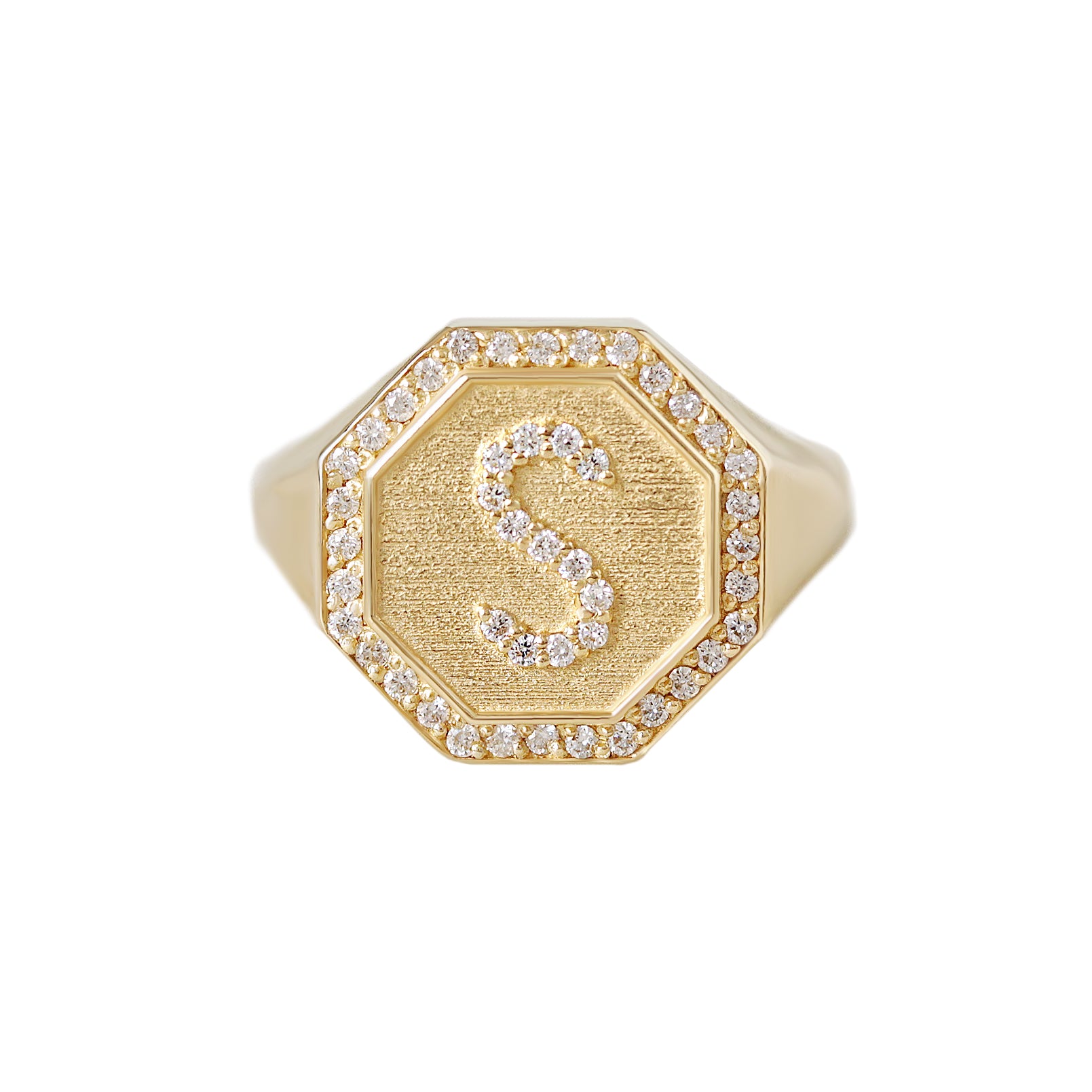 Octagon Signet Diamond Initial Ring - Personalized Gold Name Ring