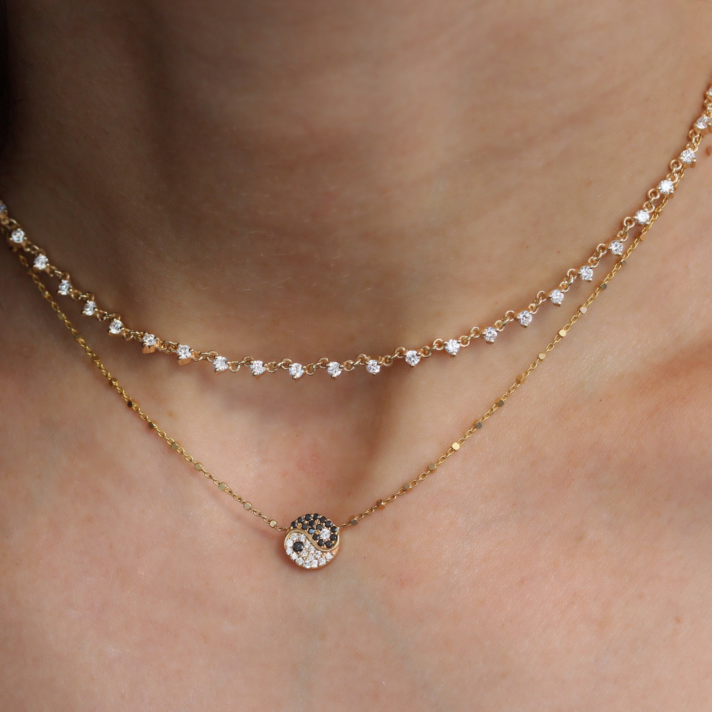 Yin and Yang, Black and White Diamonds Gold Beads Necklace