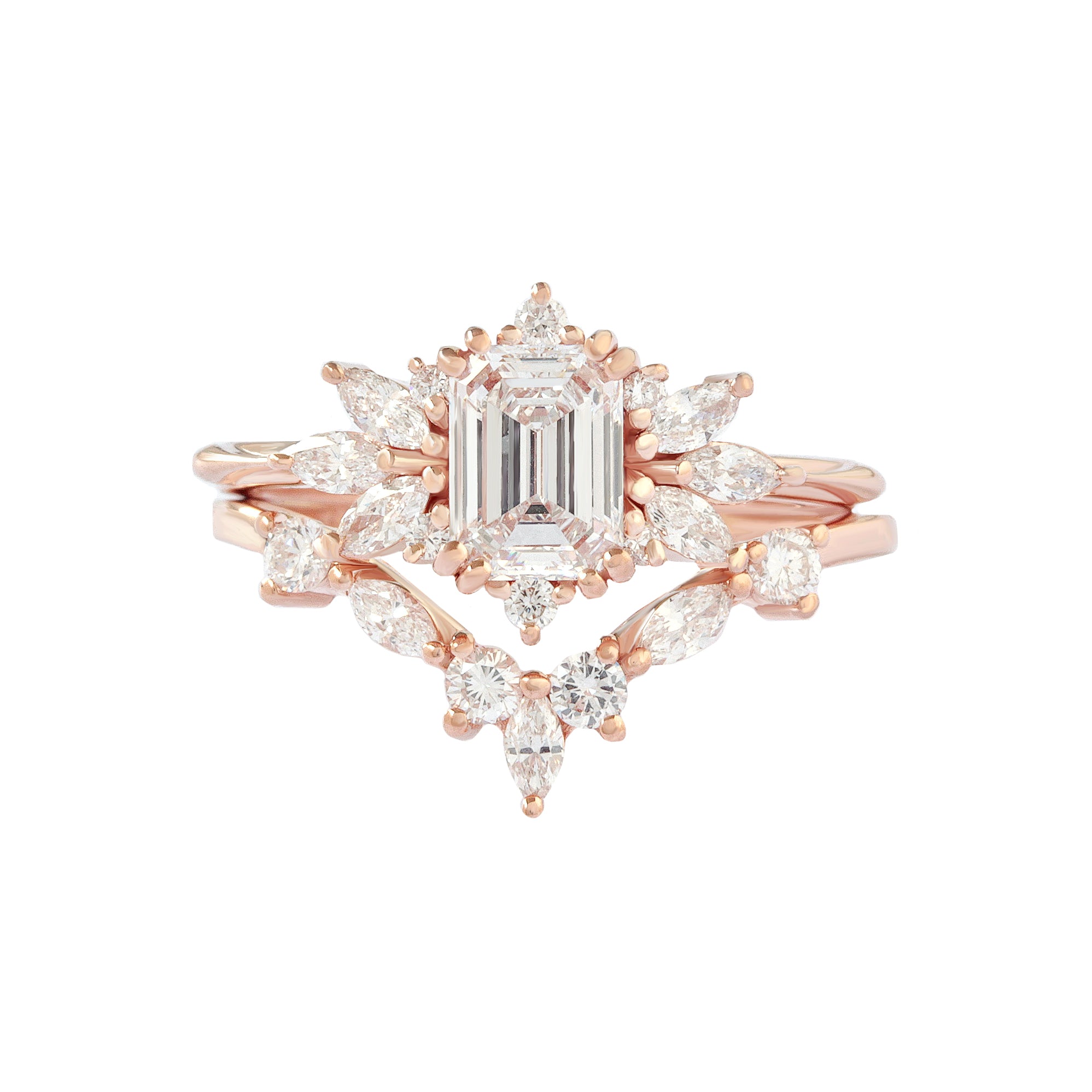 Emerald Cut Diamond Engagement Ring "Spark" & "Hermes" Nesting Rings rose gold