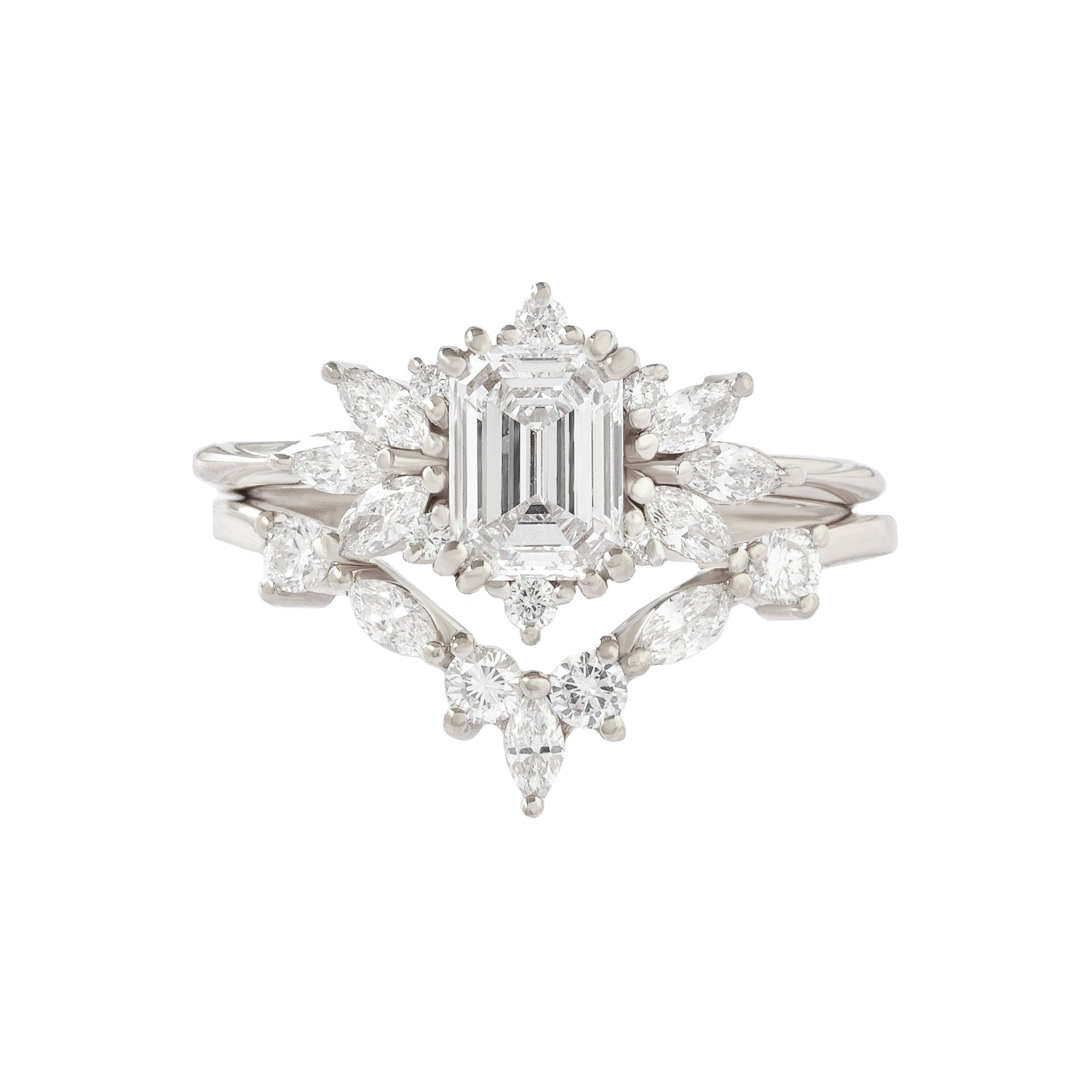 Emerald Cut Diamond Engagement Ring "Spark" & "Hermes" Nesting Rings white gold
