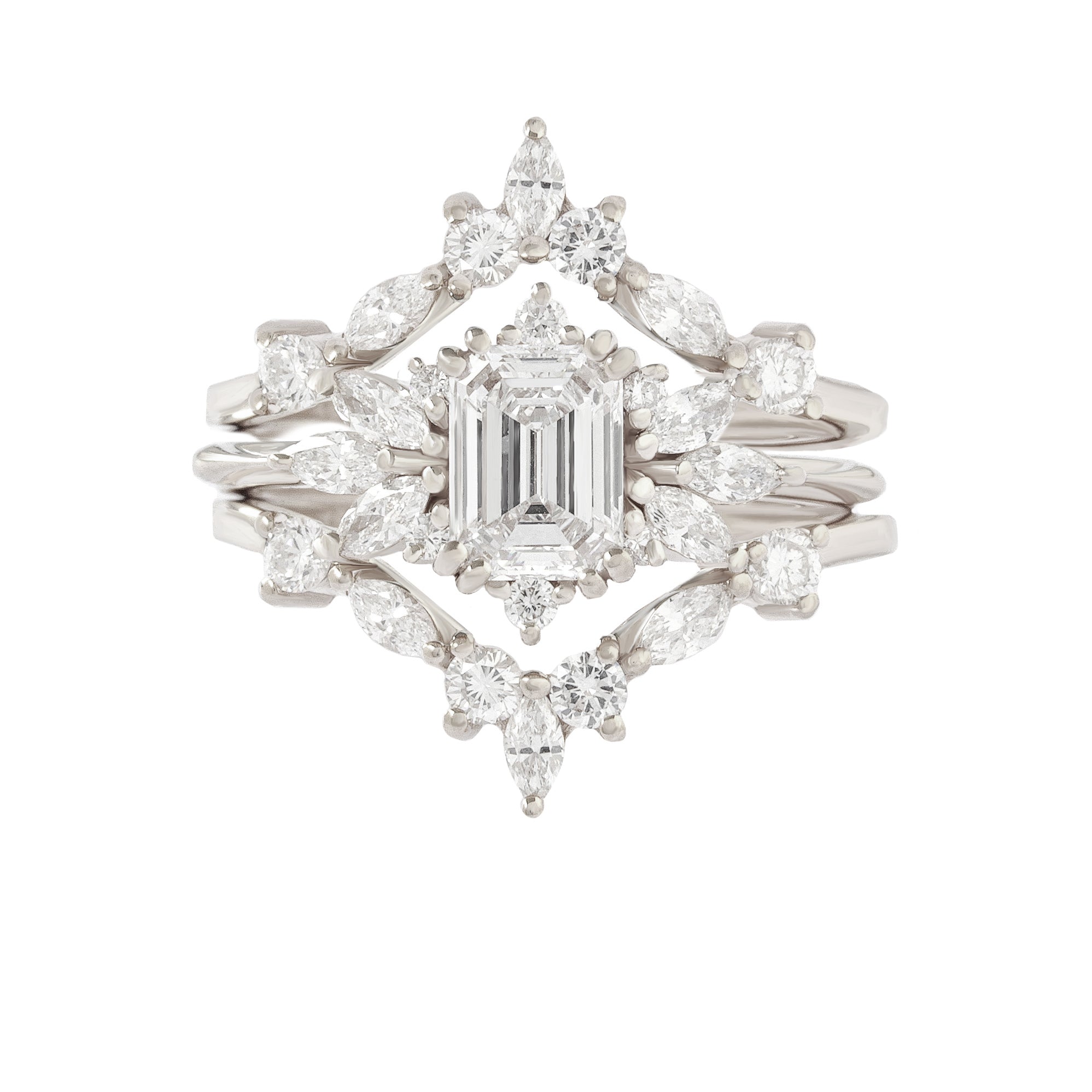 Emerald Cut Diamond Engagement Ring "Spark" & "Hermes" Nesting Rings white gold