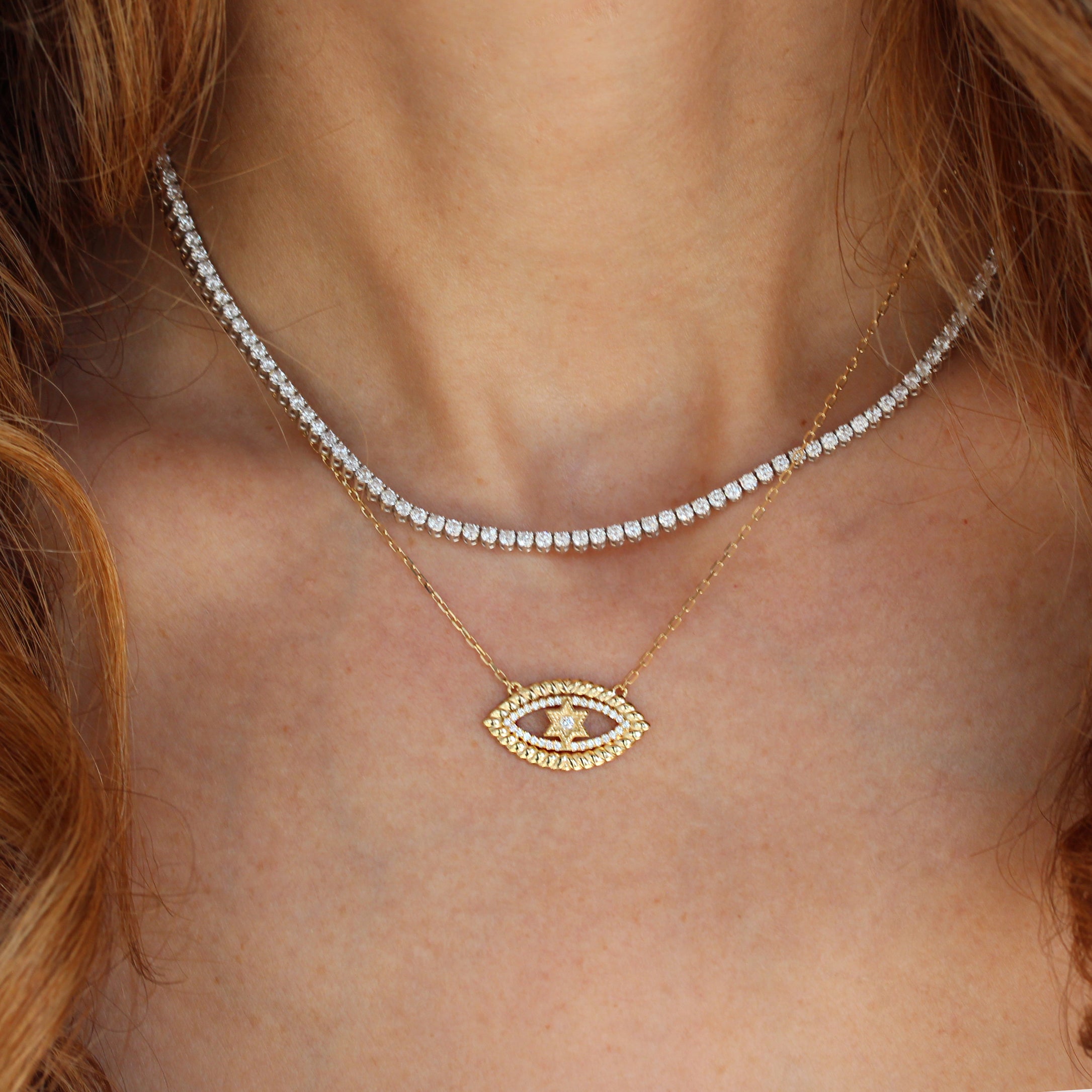 Evil Eye Magen David Star Diamond Necklace - Judaica jewelry