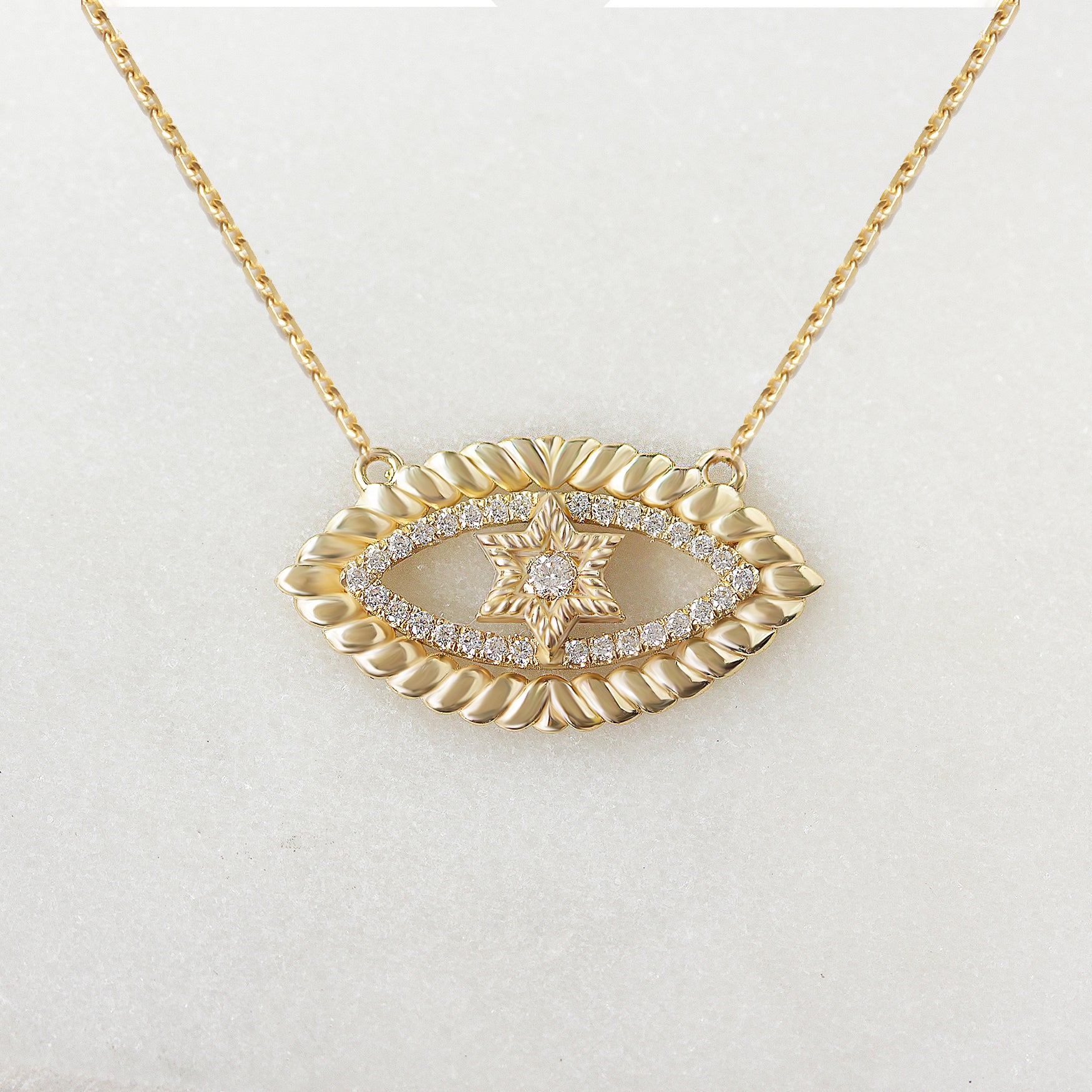 yellow gold Evil Eye Magen David Star Diamond Necklace - Judaica jewelry yellow gold