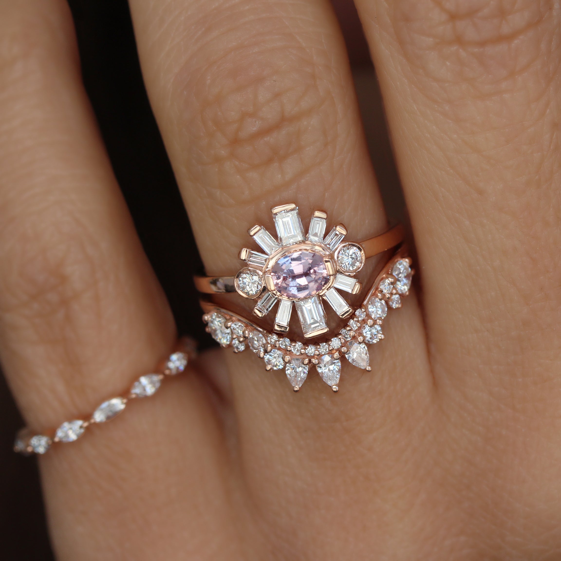 Oval Pink Sapphire & Baguette Diamonds Sun Ring