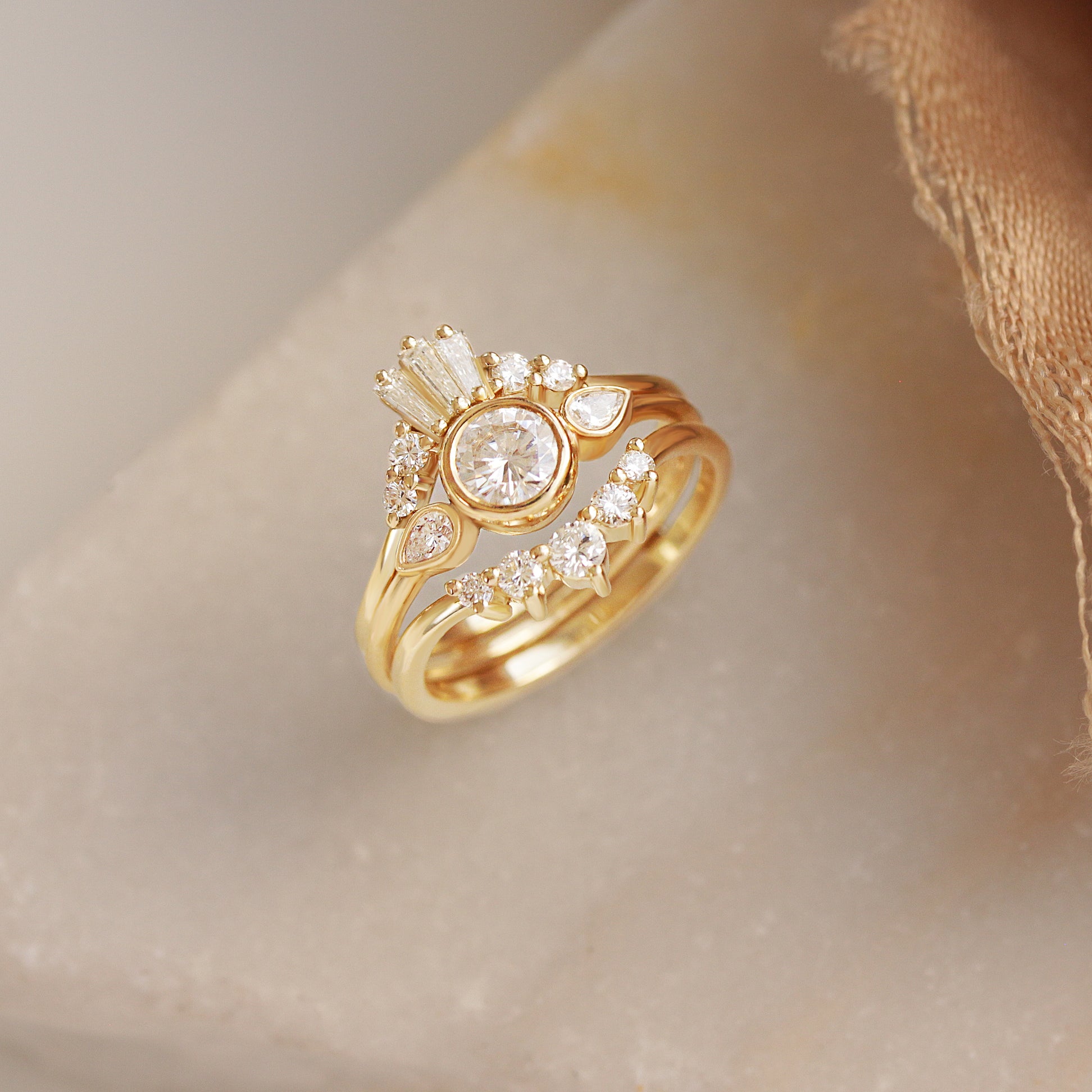 Three stone Bezel Set Delicate Diamond Engagement "Kiss" Ring ♥