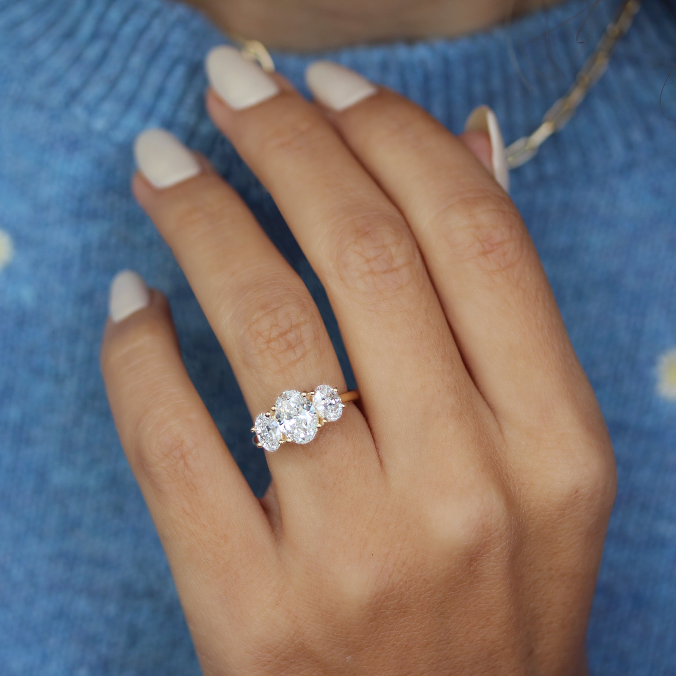 Three Stone Oval Lab Grown Diamonds Engagement Ring