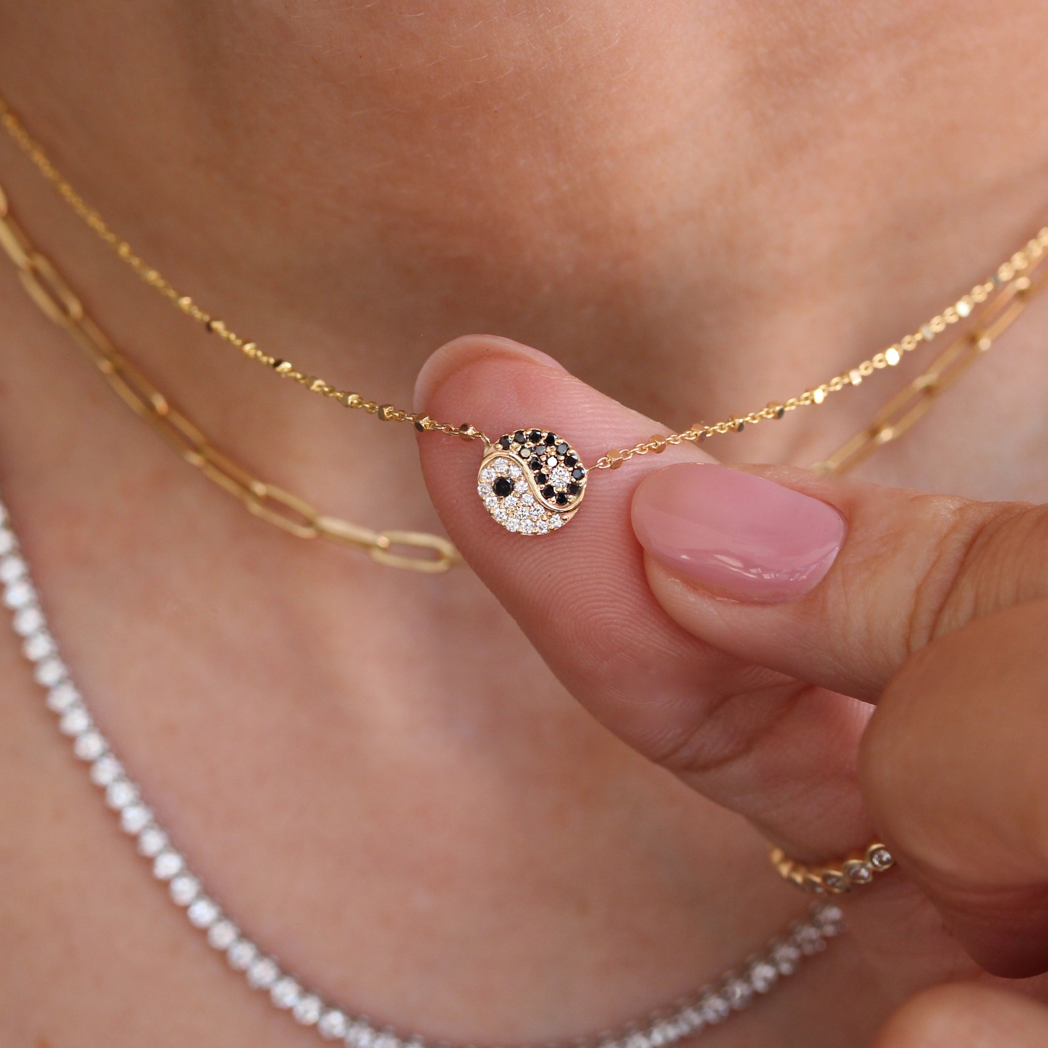 Yin and Yang, Black and White Diamonds Gold Beads Necklace