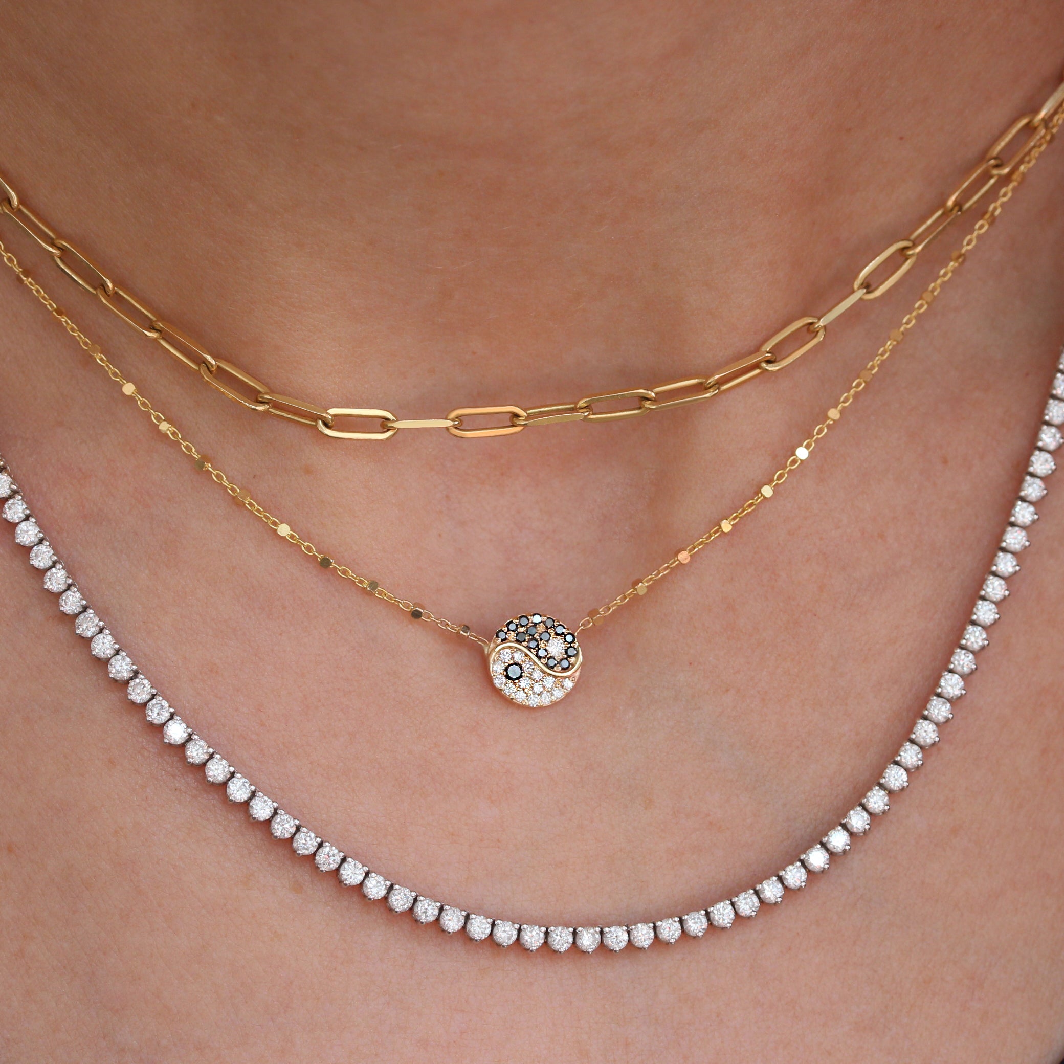 Yin and Yang, Black and White Diamonds Gold Beads Necklace