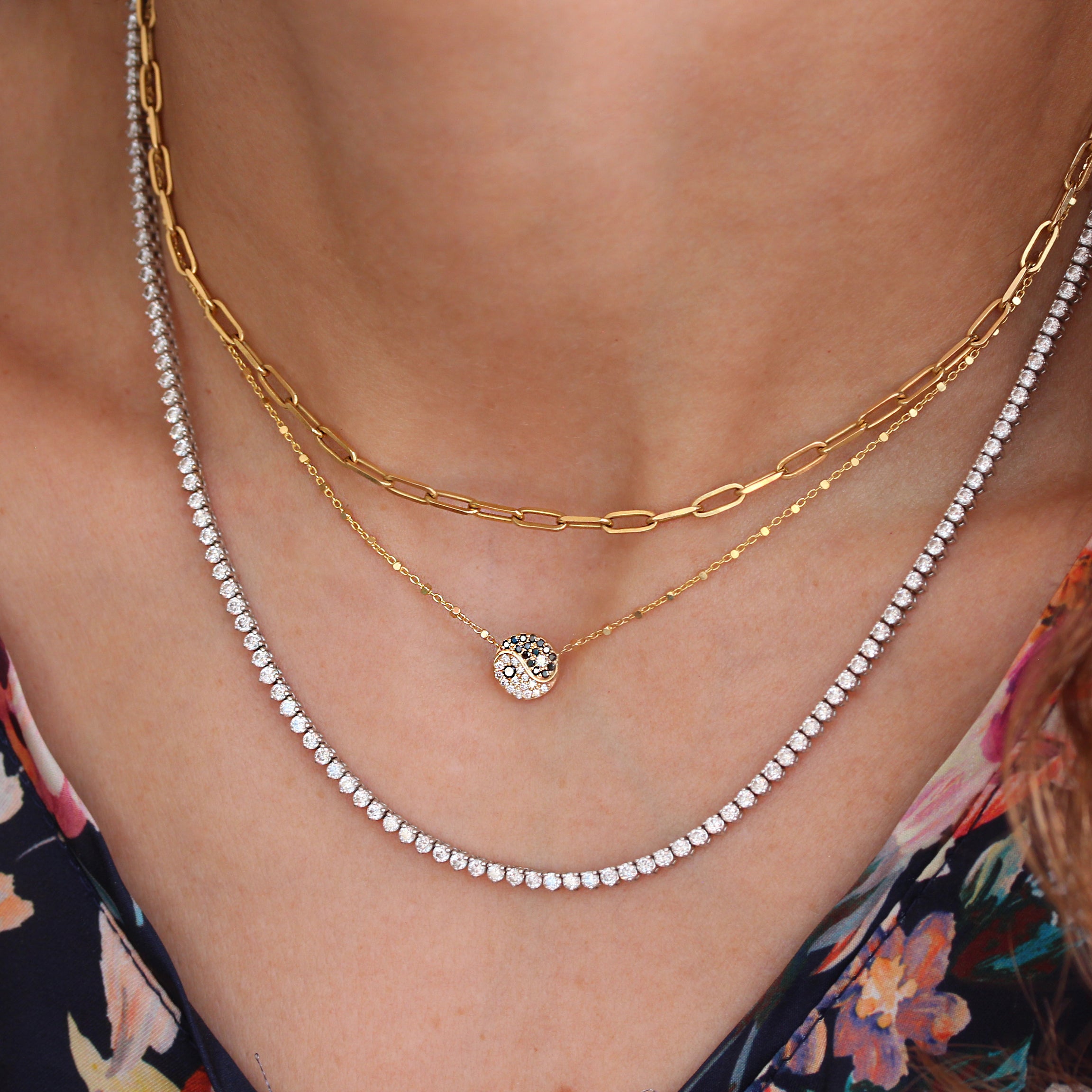 Yin and Yang Horizontal, Black and White Diamonds Gold Beads Necklace