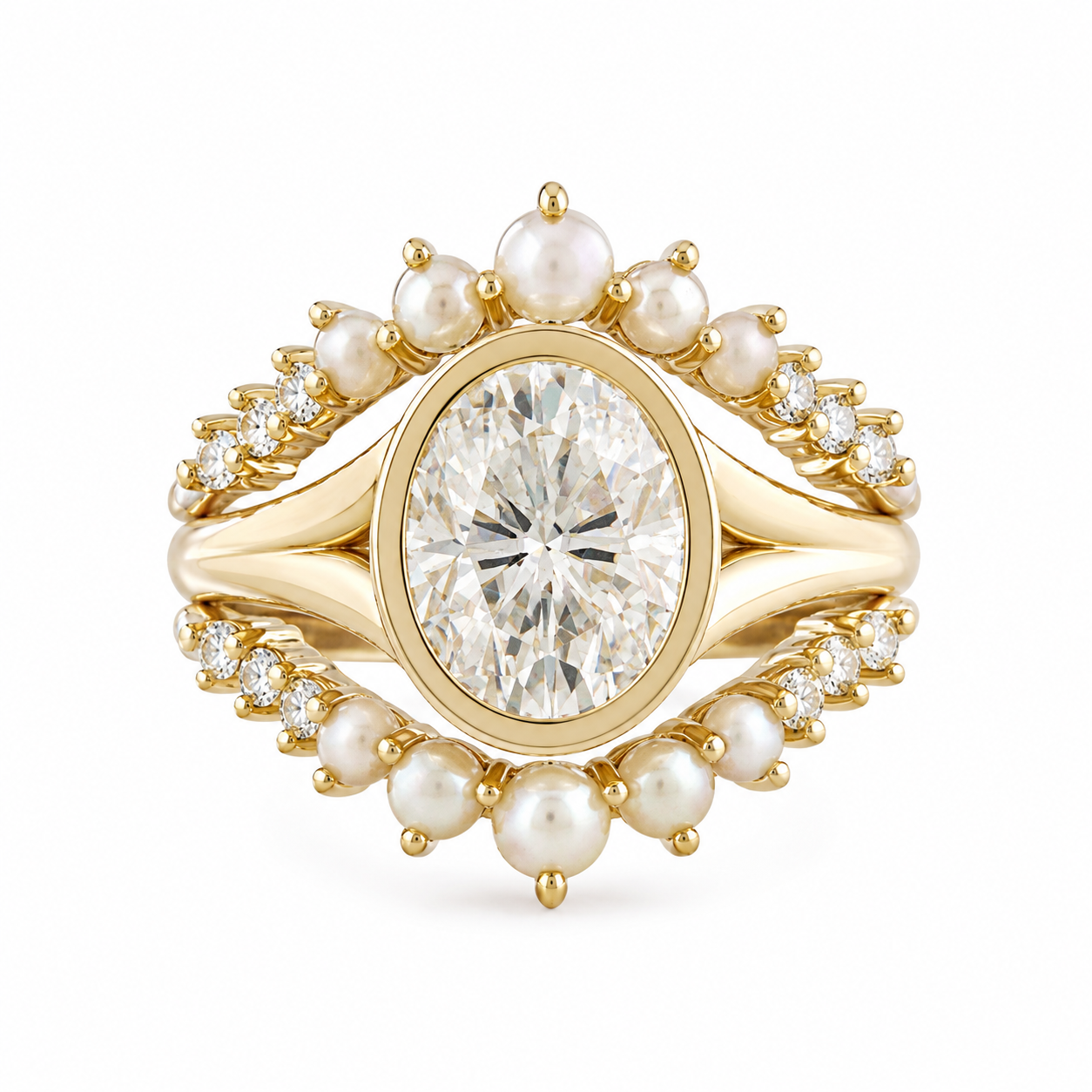 Oval Diamond Bezel Set, Modern Bold Gold, Hidden Halo Split Shank Engagement Ring with Matching Pearls and Diamonds Ring Guard