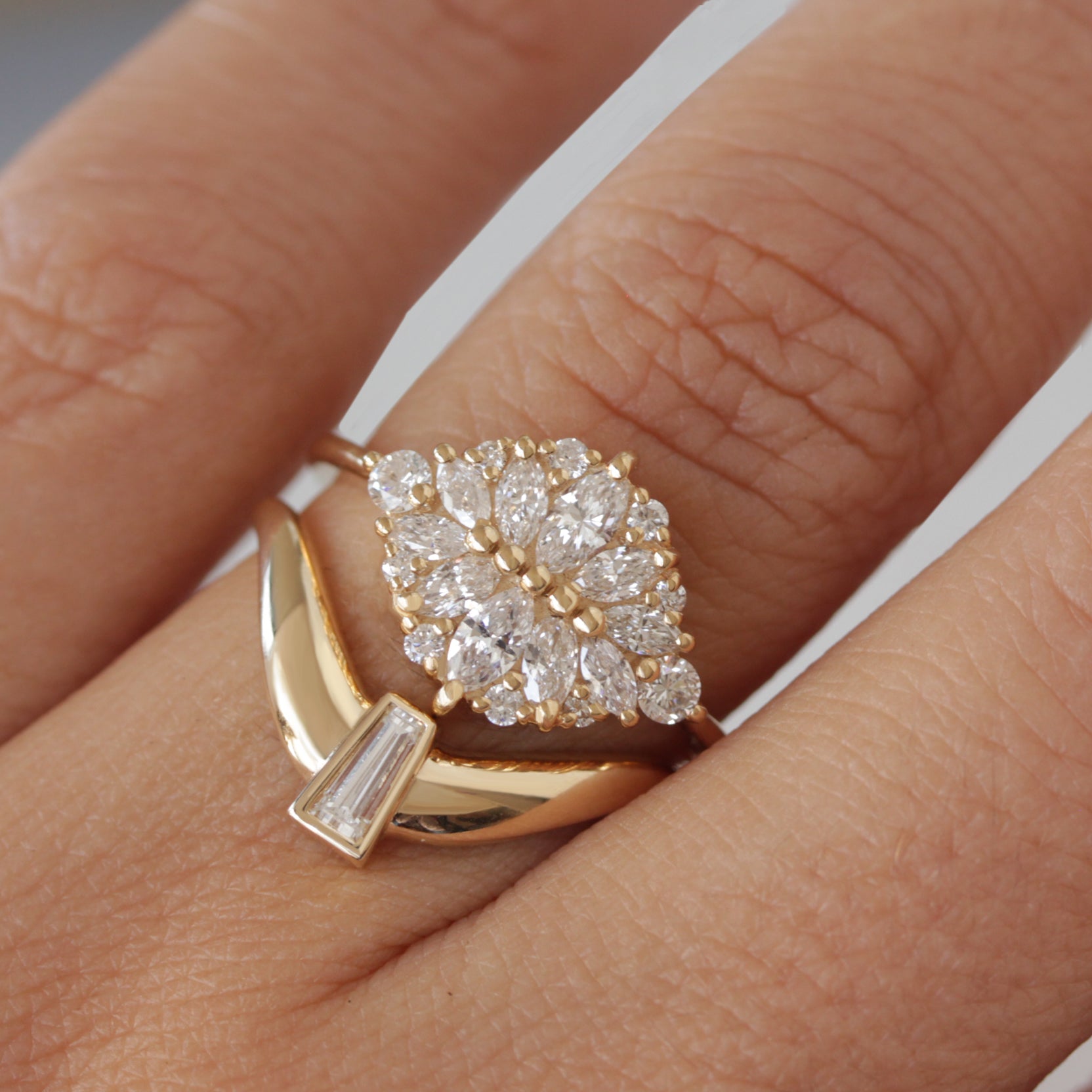 Taper Diamond Chunky Bold Gold Curve Statement Wedding sideband Mila ♥