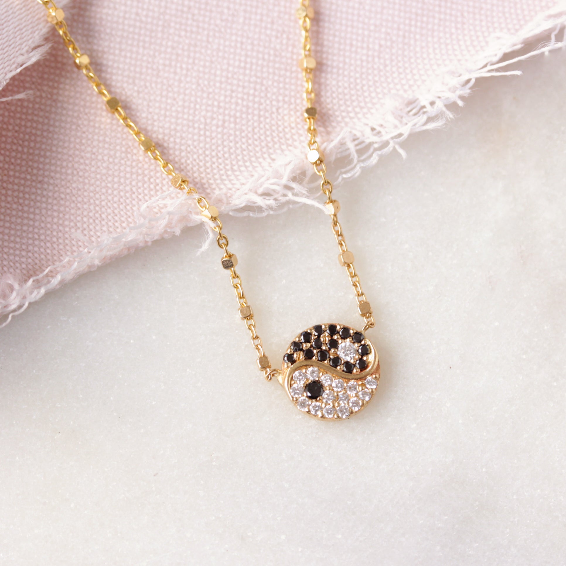 Yin and Yang, Black and White Diamonds Gold Beads Necklace