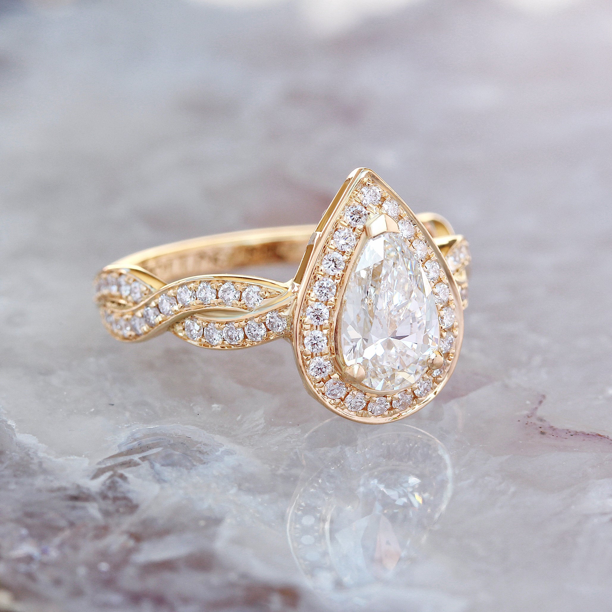 1 carat Pear diamond halo twist band shank engagement ring - "Zeus" ♥