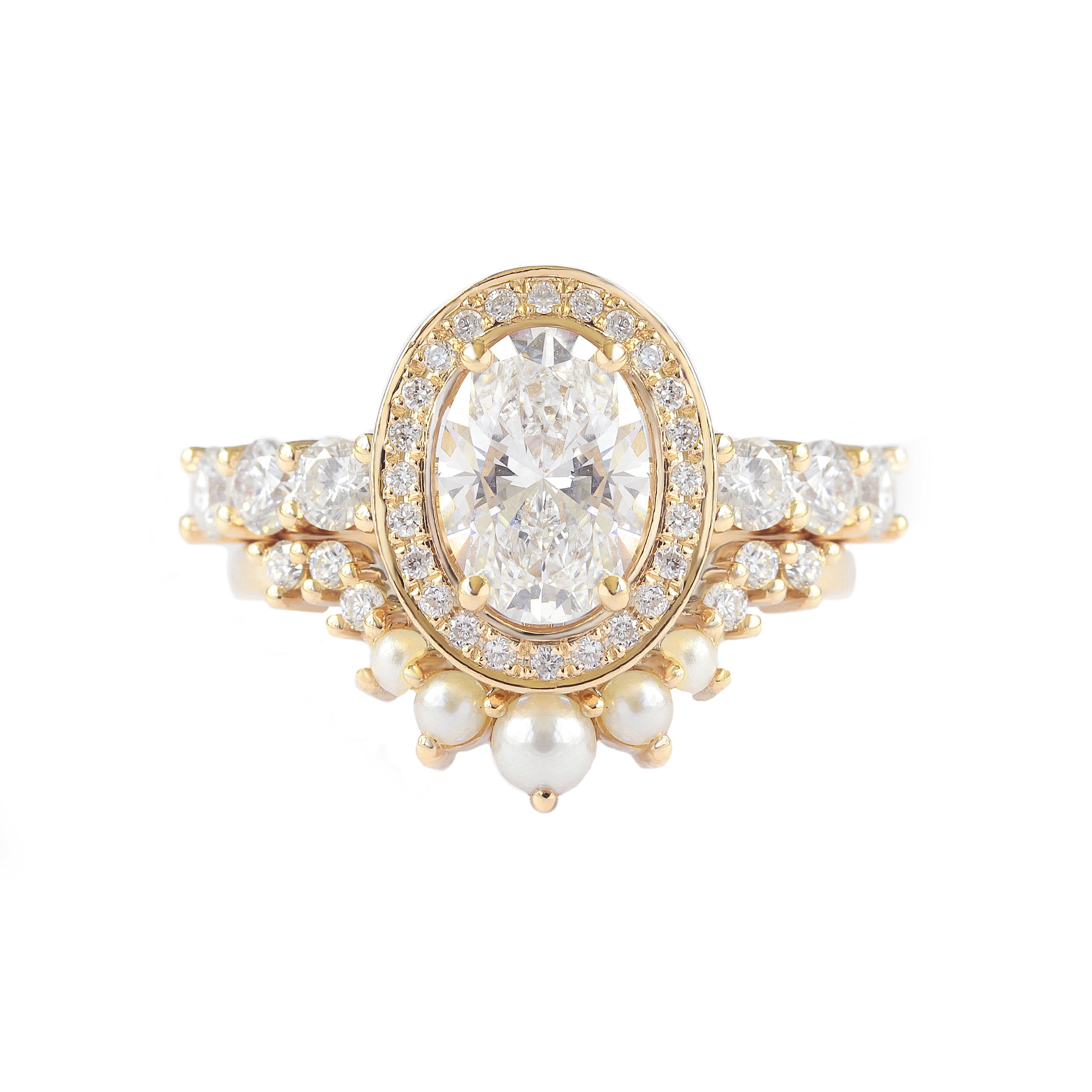 Oval Diamond Halo 1.5ct Engagement Ring Scarlett pearls sideband
