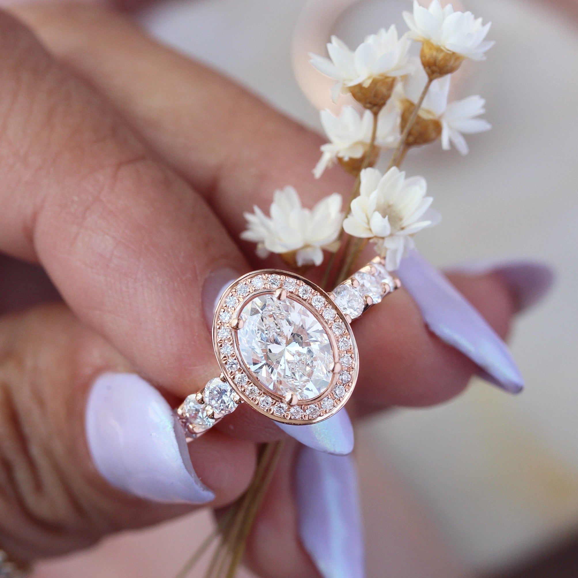 Modern Oval Halo Diamond Engagement Ring with Two Matching Crown Nesting Band, Scarlett + Athena Crown