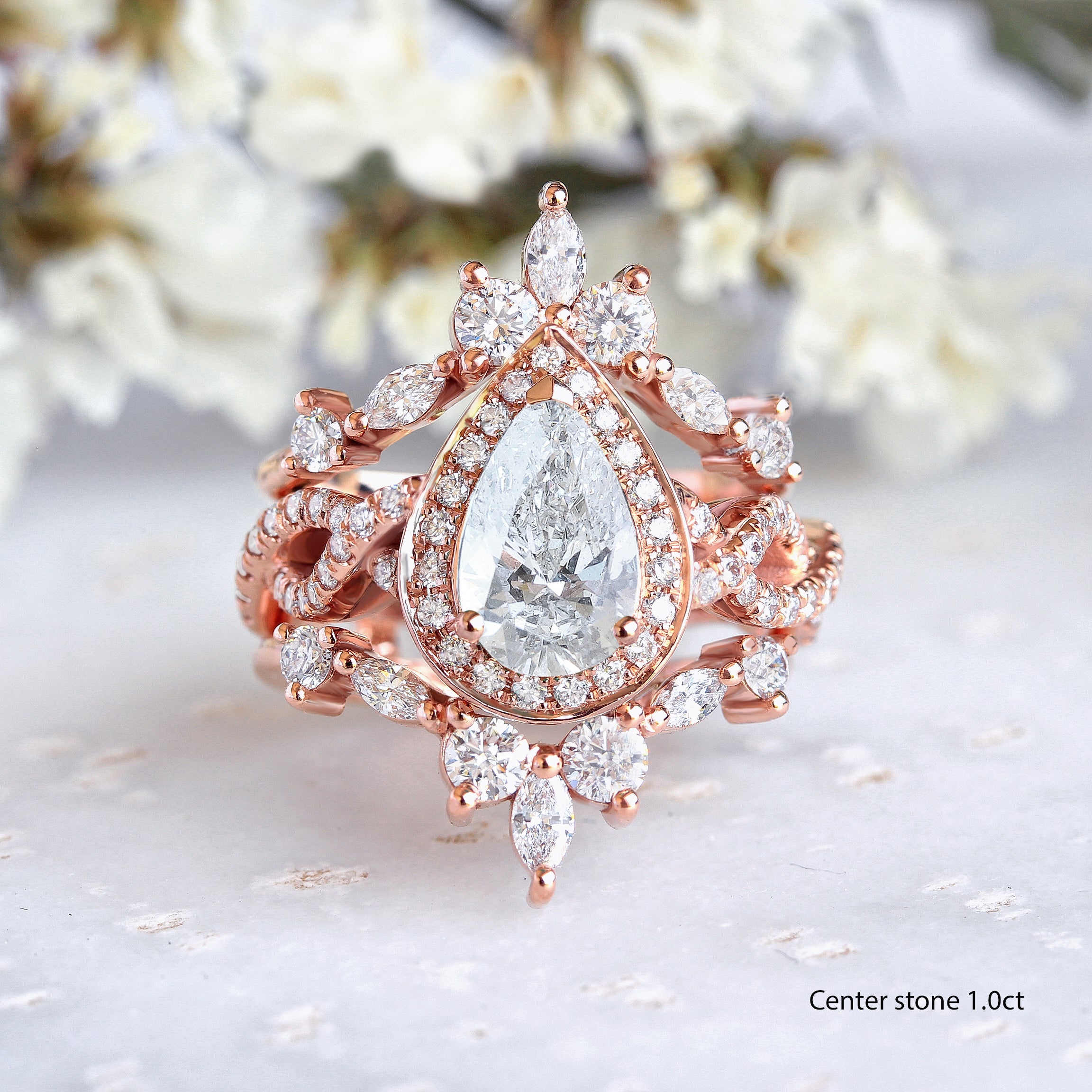 Pear Diamond with Halo Twist Infinity Shank Wedding Three Ring Set, "Iceland"