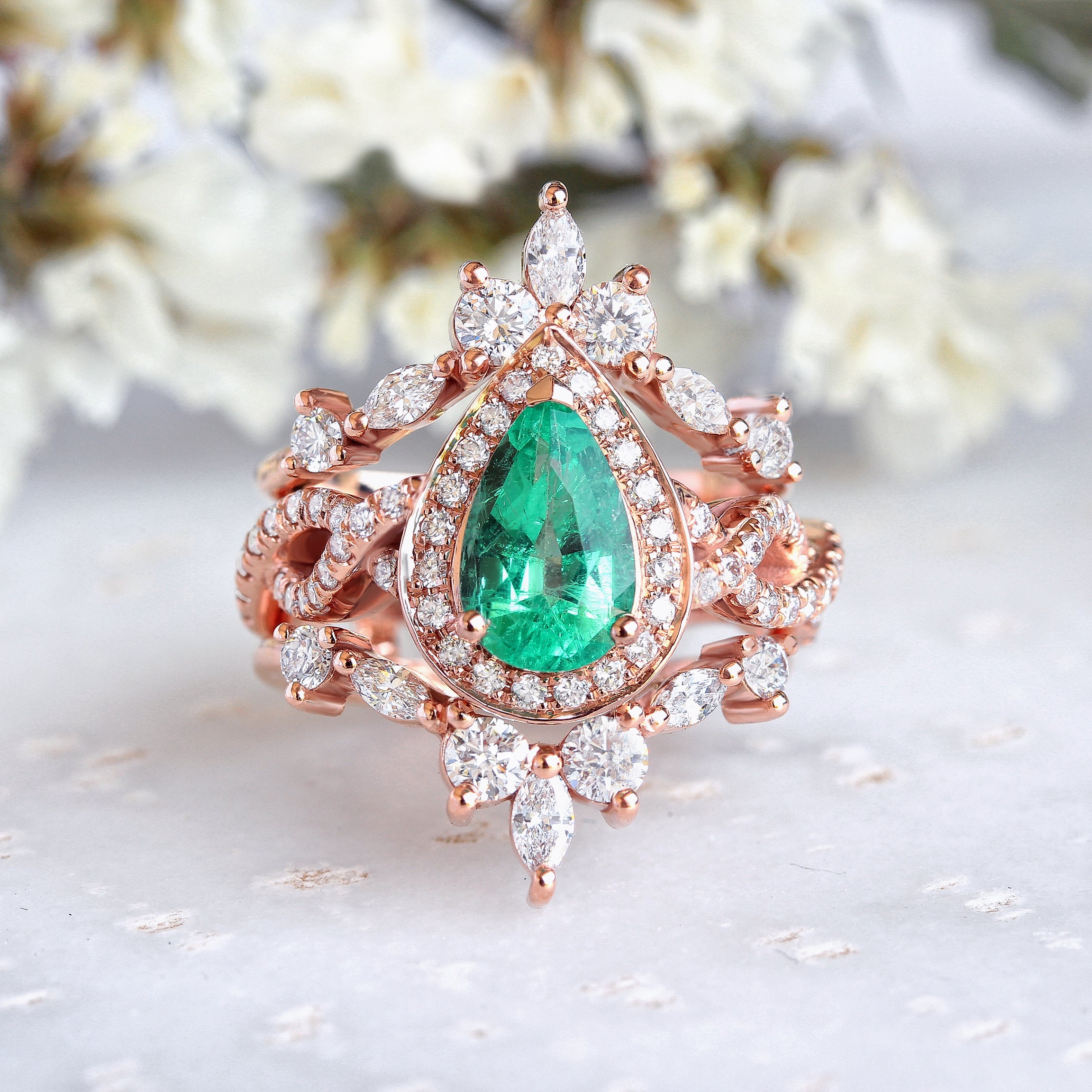 Pear Emerald Halo Twist Shank Unique Engagement & two Hermès Wedding Rings Guard Enhancer - Iceland - sillyshinydiamonds