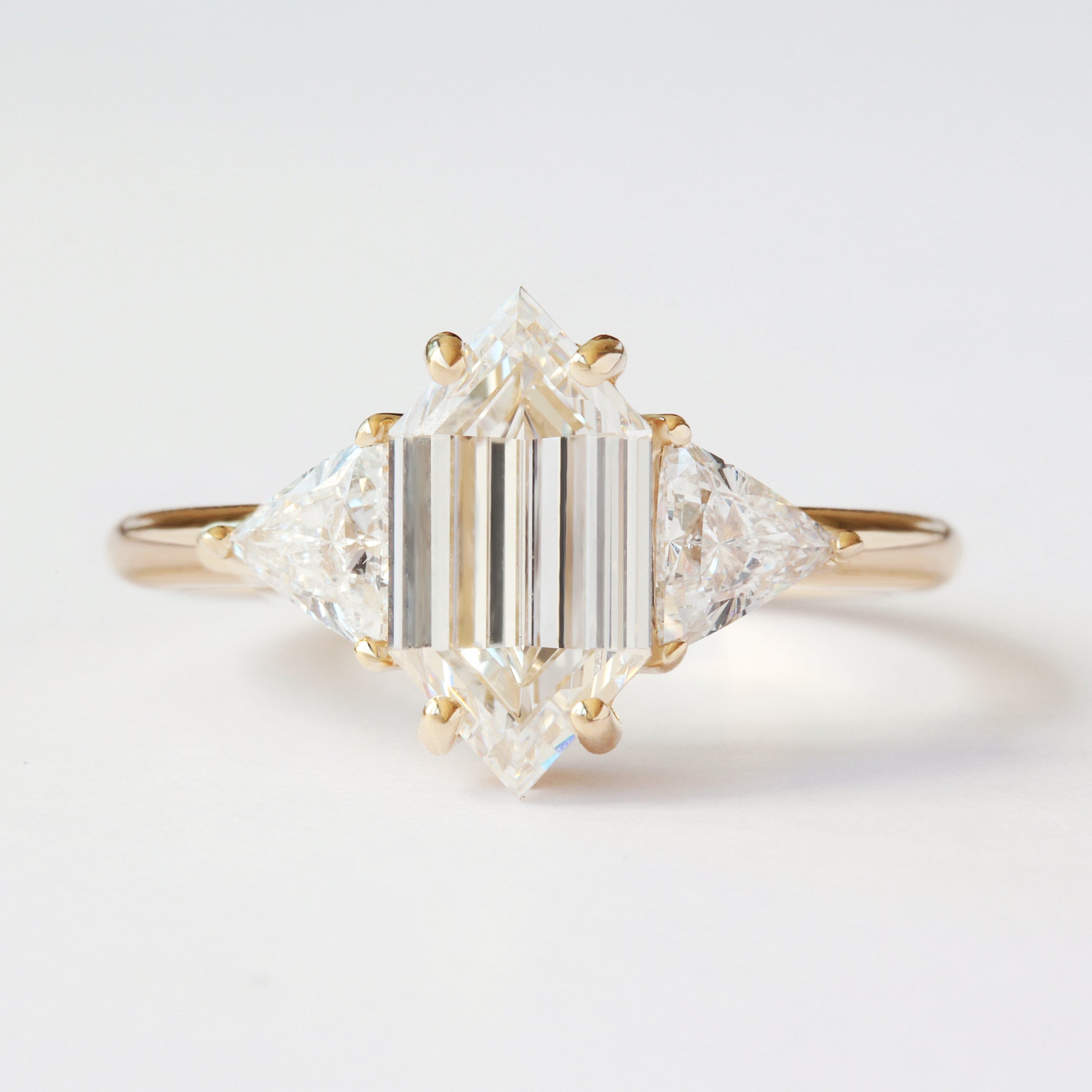 Elongated Hexagon Lab Diamond Three Stone Engagement Ring & Two Nesting Bands ♥