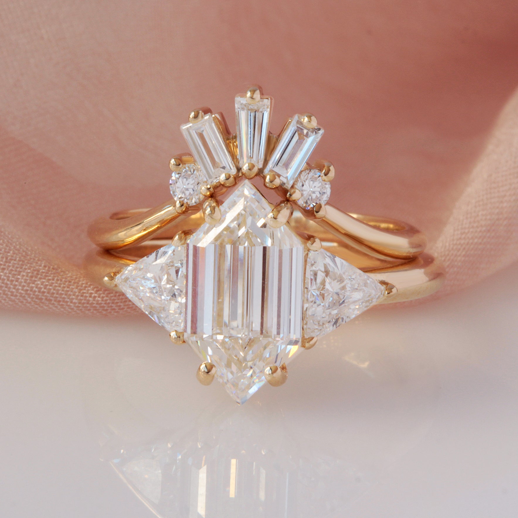 Elongated Hexagon Lab Diamond Three Stone Engagement Ring & Two Nesting Bands ♥