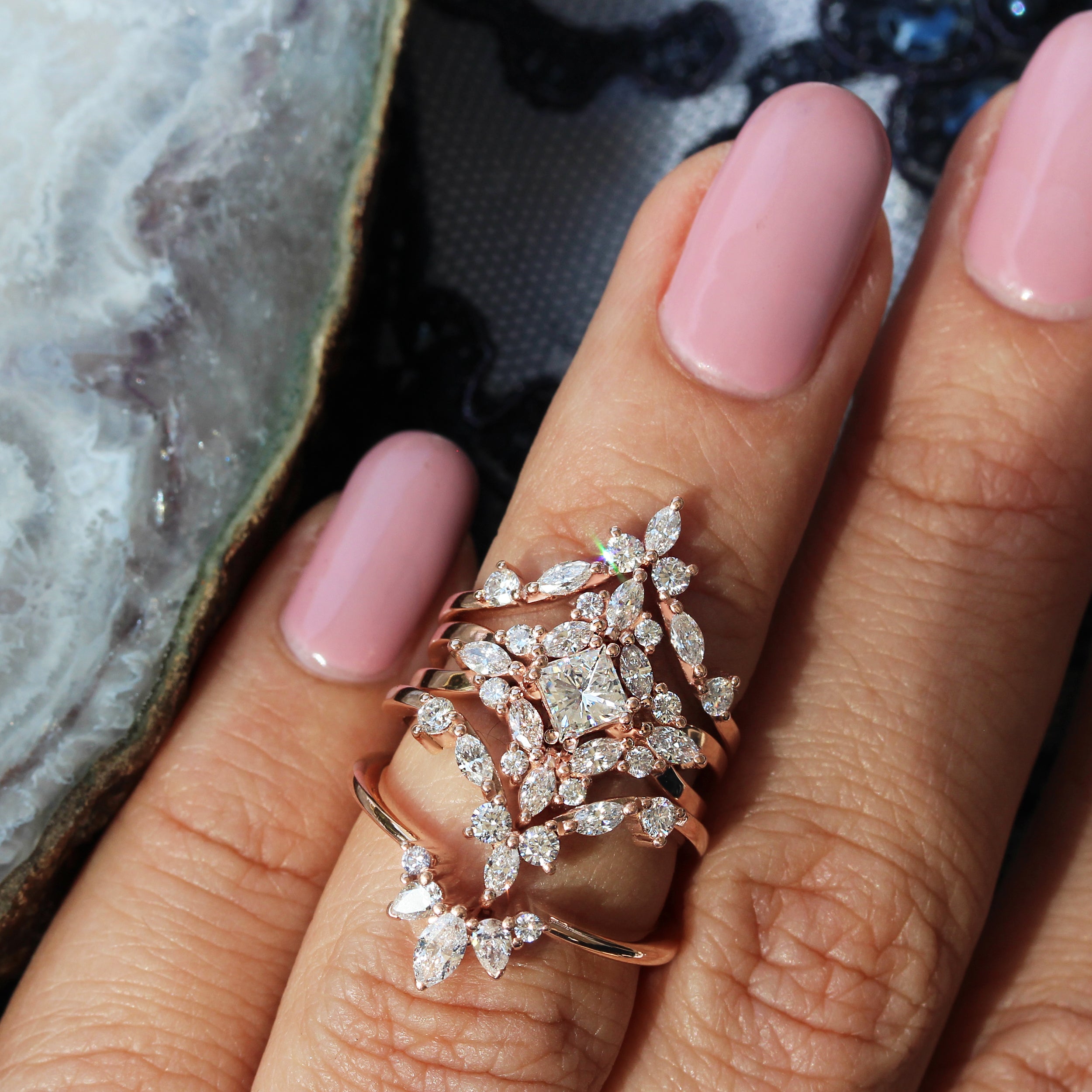 Altair - Princess Cut Square Diamond Cluster Wedding Three Rings Set - sillyshinydiamonds